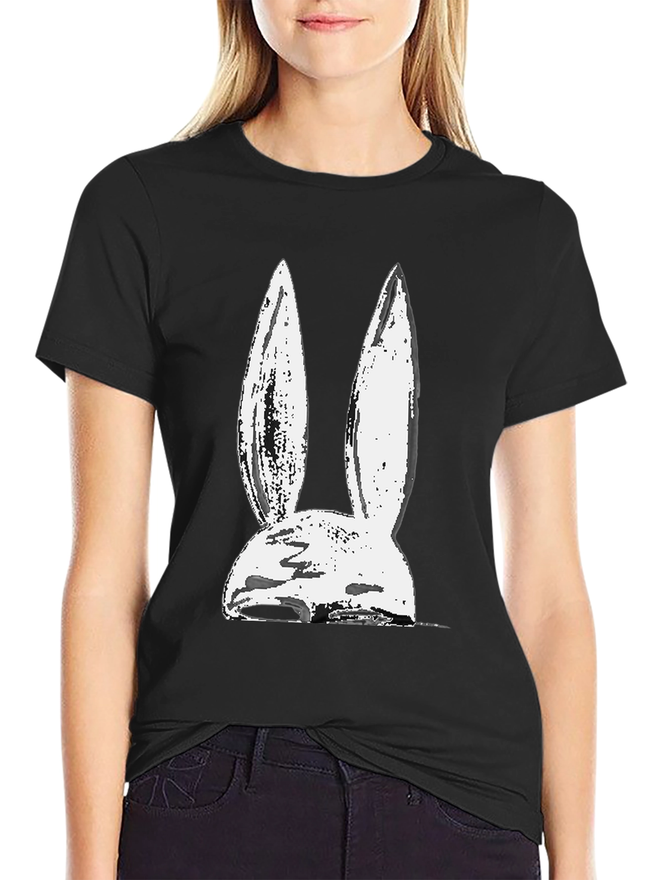Black Abstract Bunny Graphic Tee - Black Cotton Blend view 2