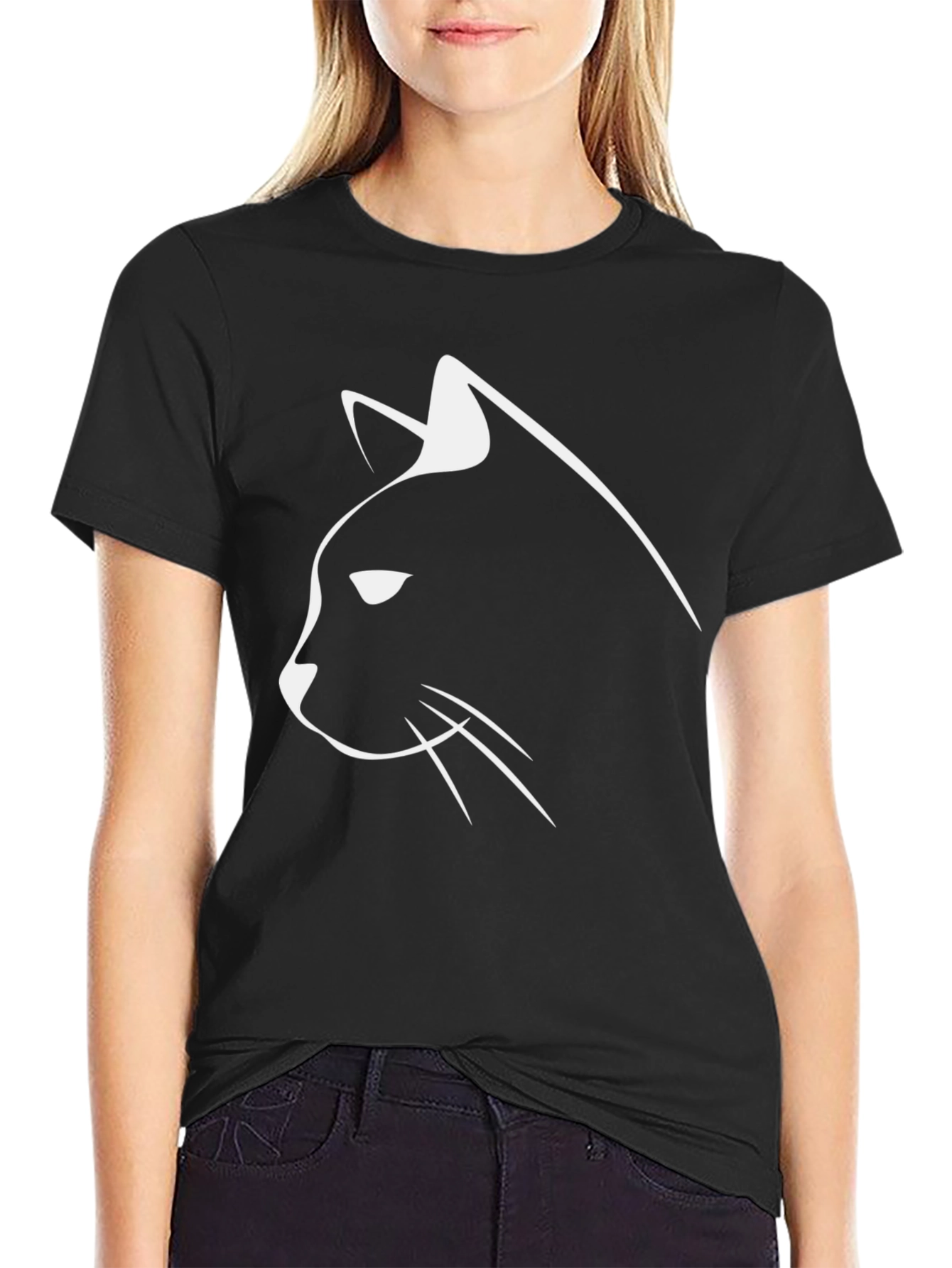 Black Minimalist Cat Graphic T-Shirt - Black view 2
