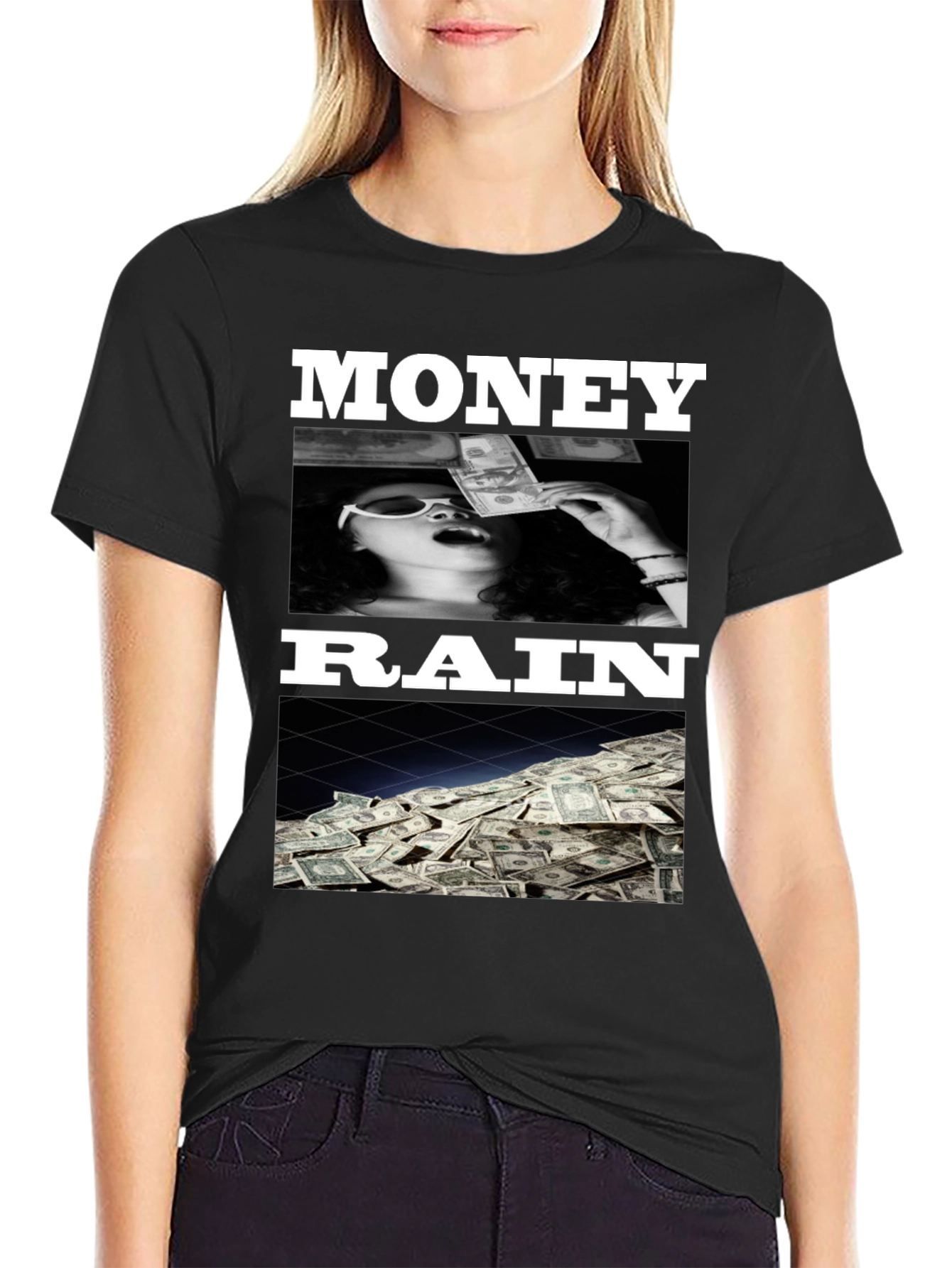 Black Money Rain Graphic Tee - Trendy Black T-Shirt view 2