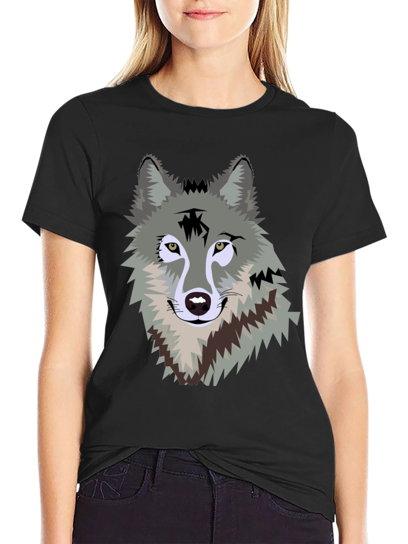 Black Men's Black T-Shirt with Wolf Graphic view 2
