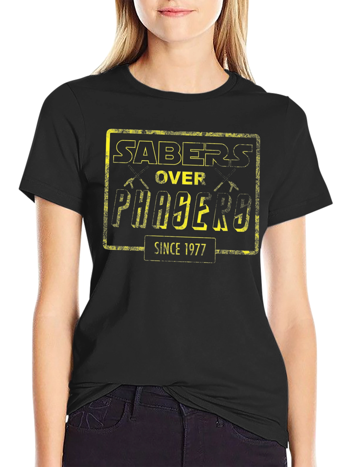 Black Sabers Over Phasers Since 1977 Black T-Shirt view 2