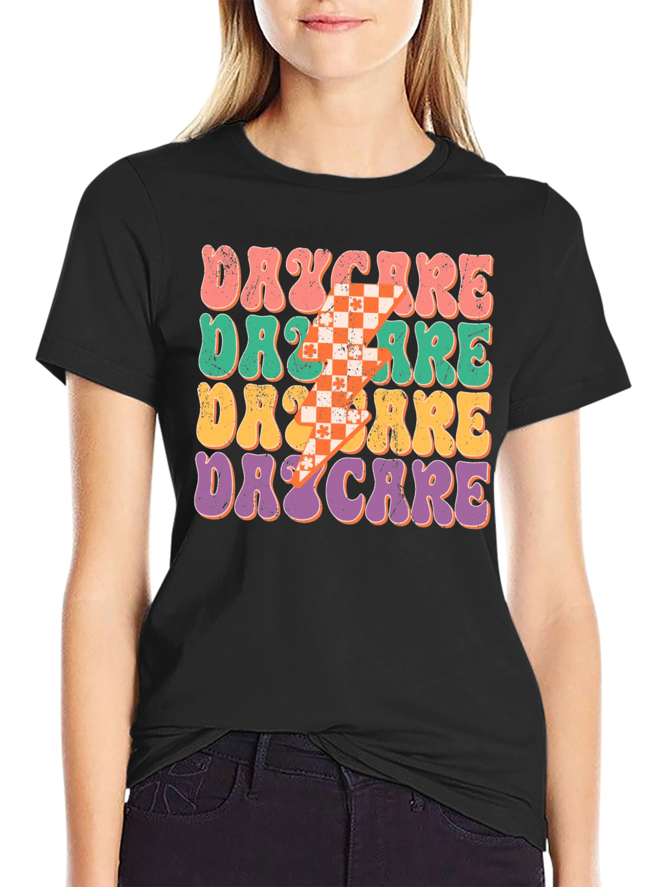 Black Retro Daycare Teacher T-Shirt view 2