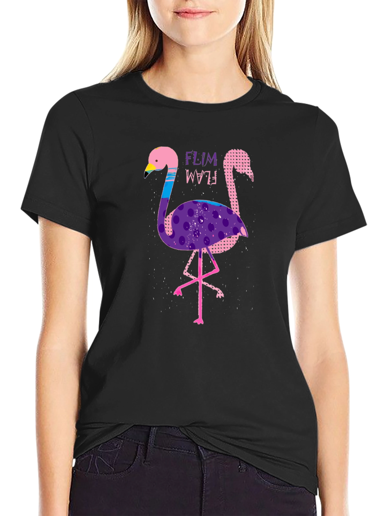 Black Funky Flamingo Graphic Tee - Stylish Black T-Shirt view 2