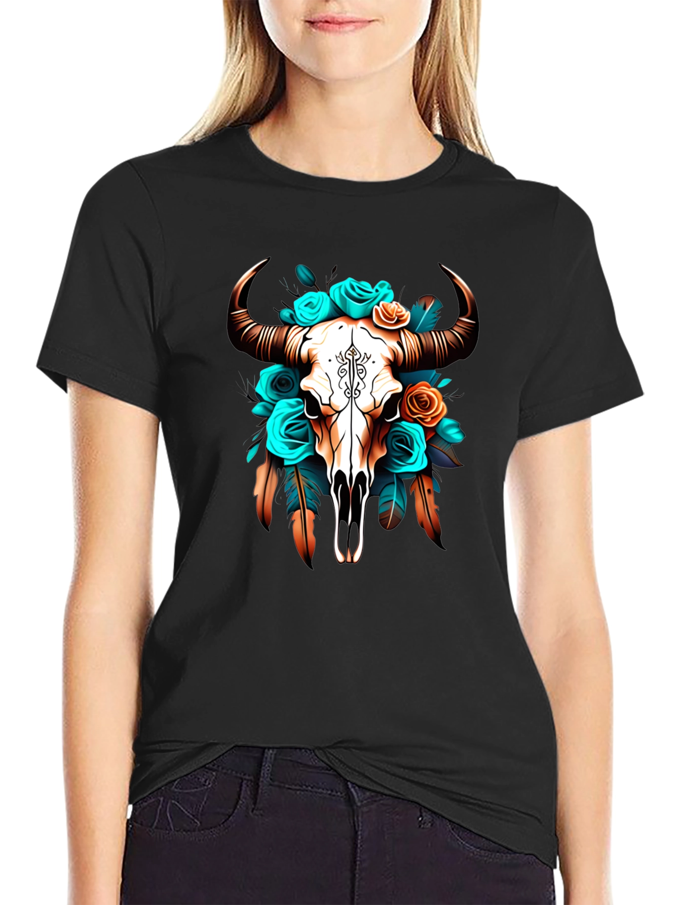 Black Floral Bull Skull Graphic Tee - Western Style view 2