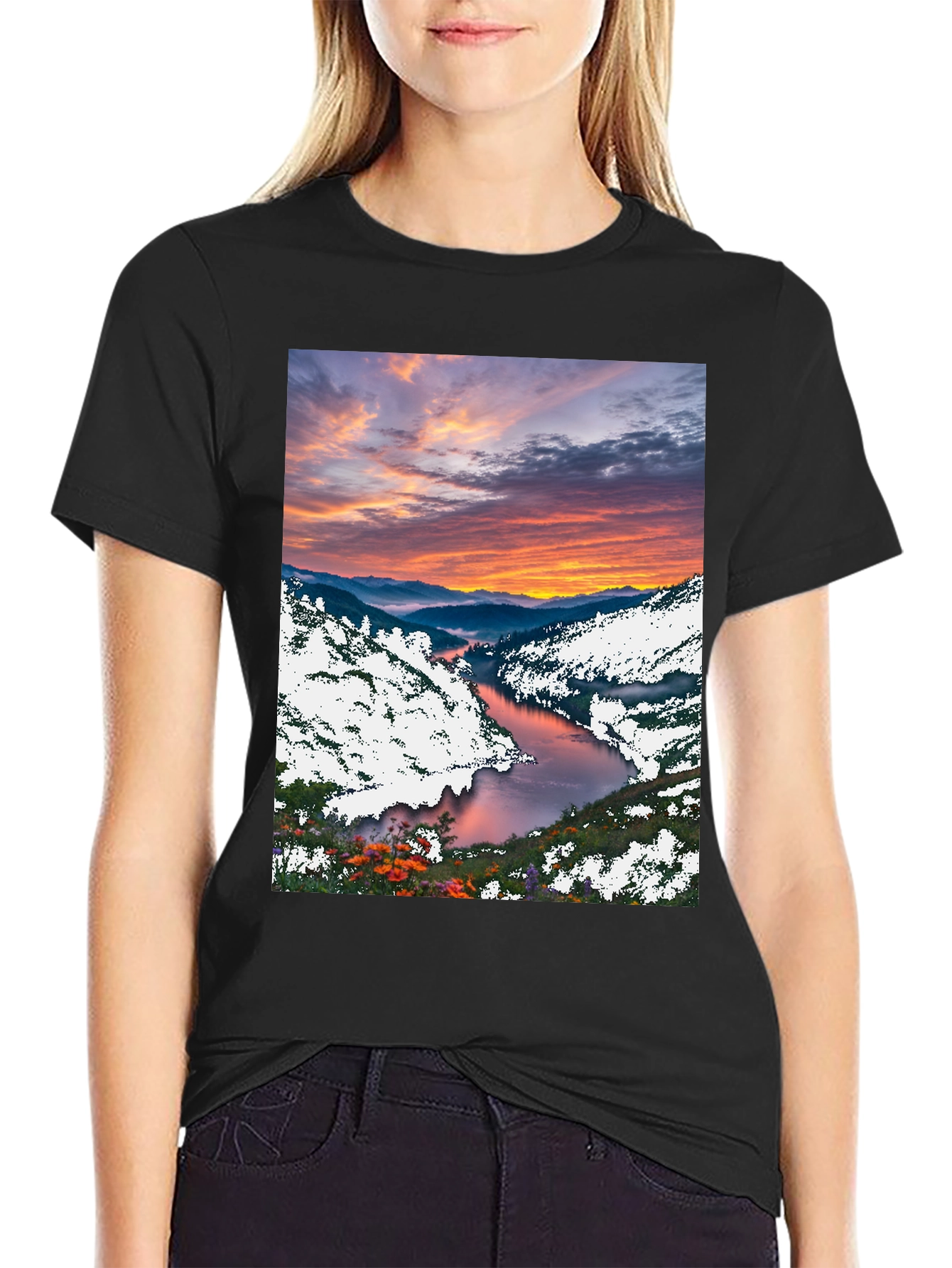 Black Scenic River Sunset T-Shirt view 2