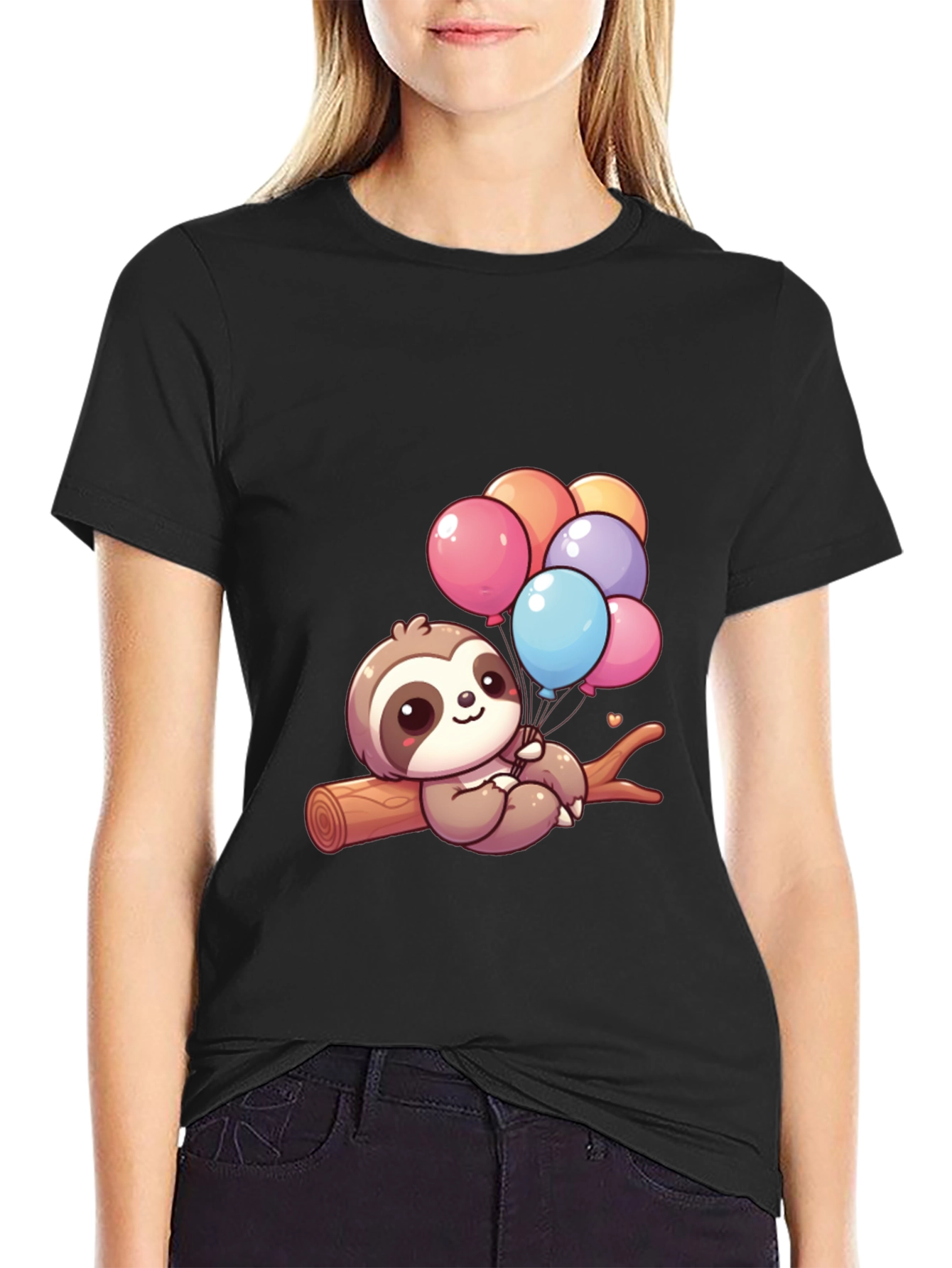 Black Sloth with Balloons Graphic Tee - Cute & Comfy! view 2