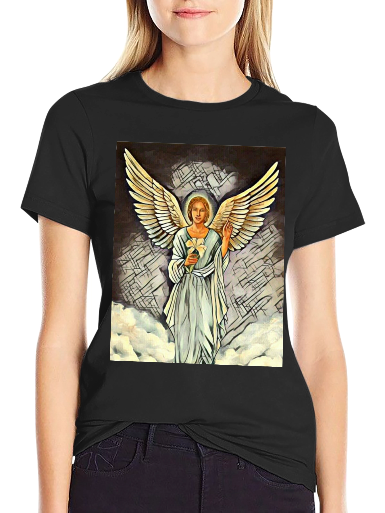 Black Angel Wings Graphic Print Black T-Shirt view 2