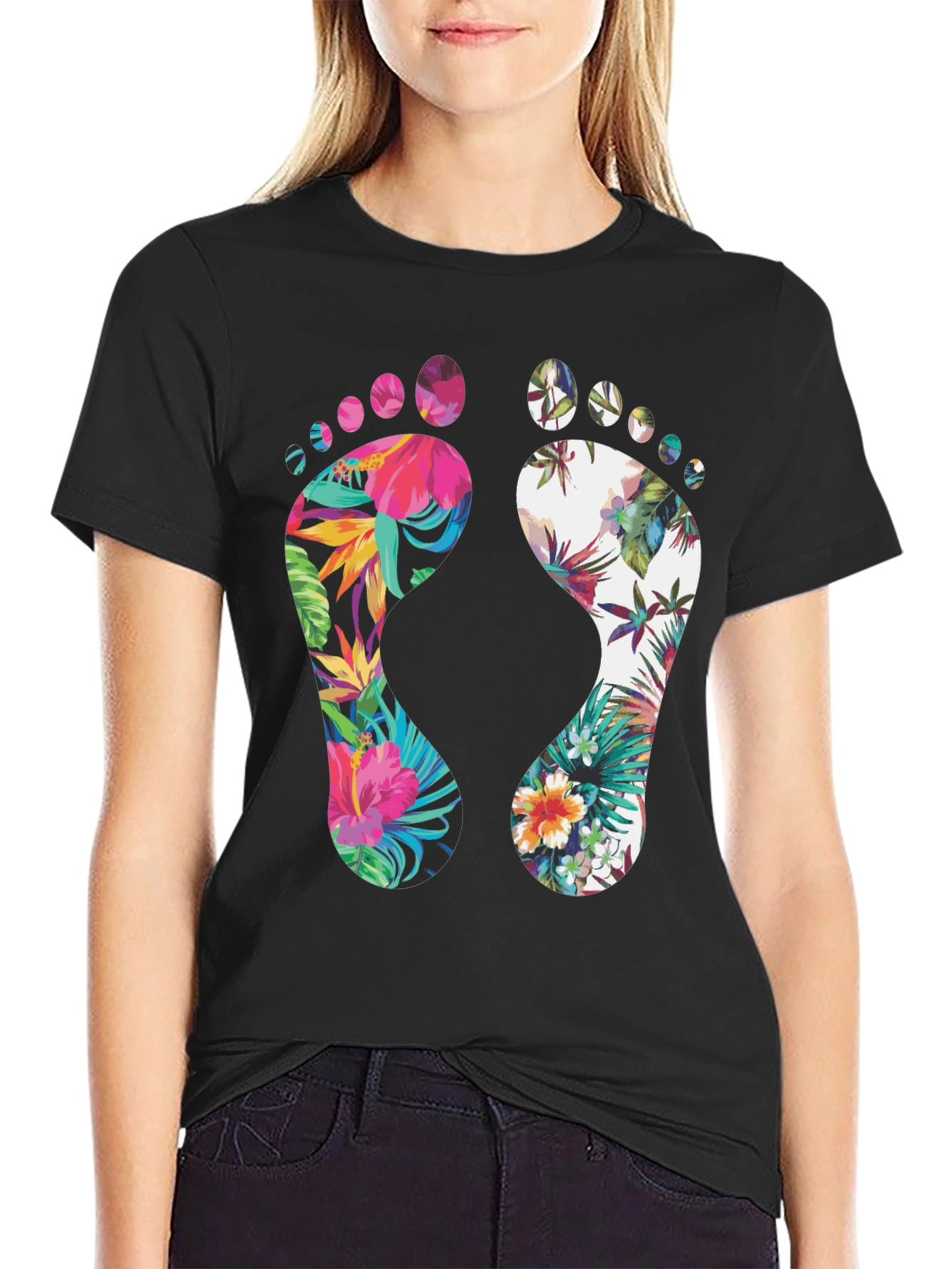 Black Tropical Floral Footprint T-Shirt view 2