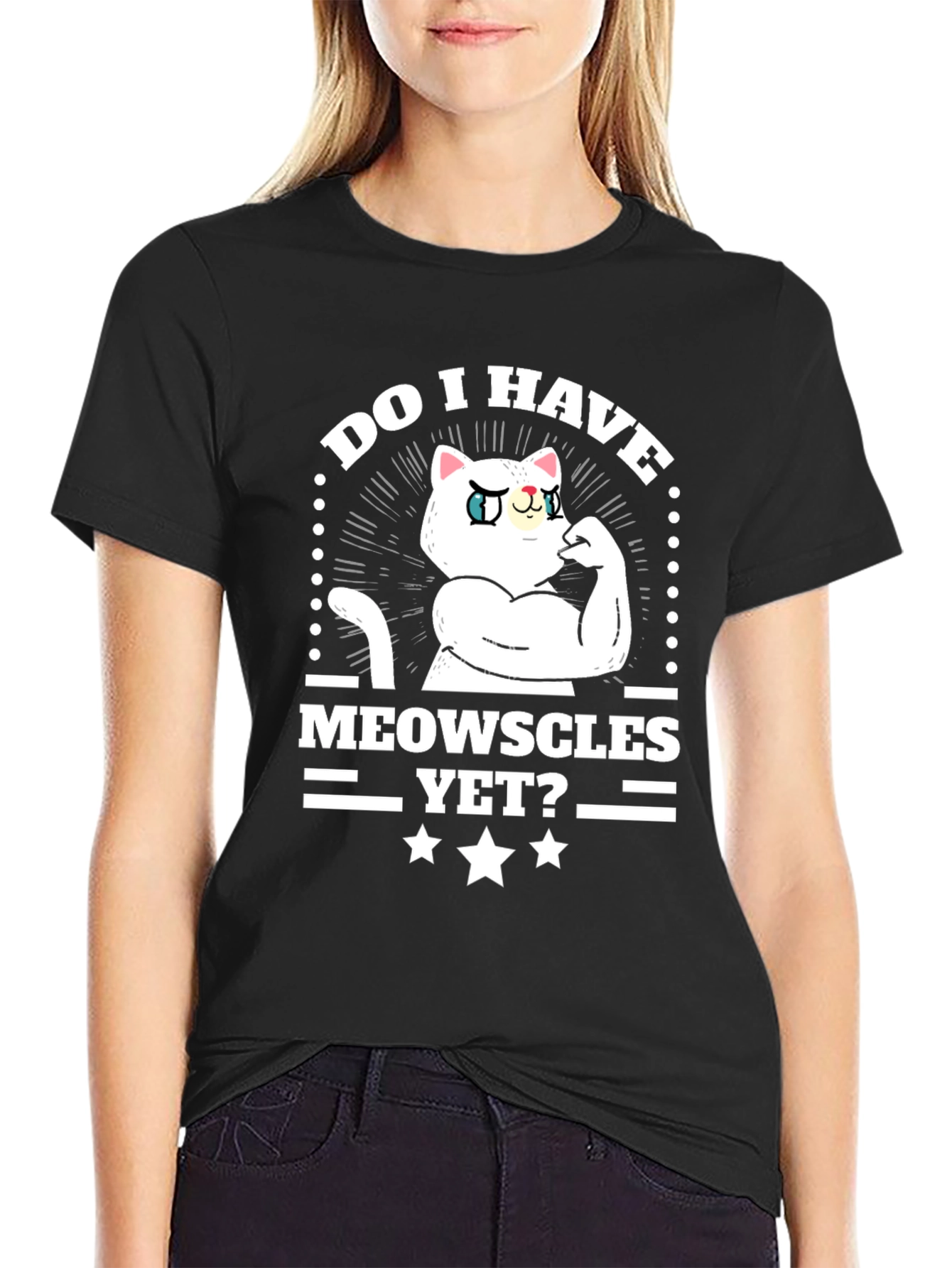 Black Funny Cat Muscles T-Shirt - Do I Have Meowscles Yet? view 2
