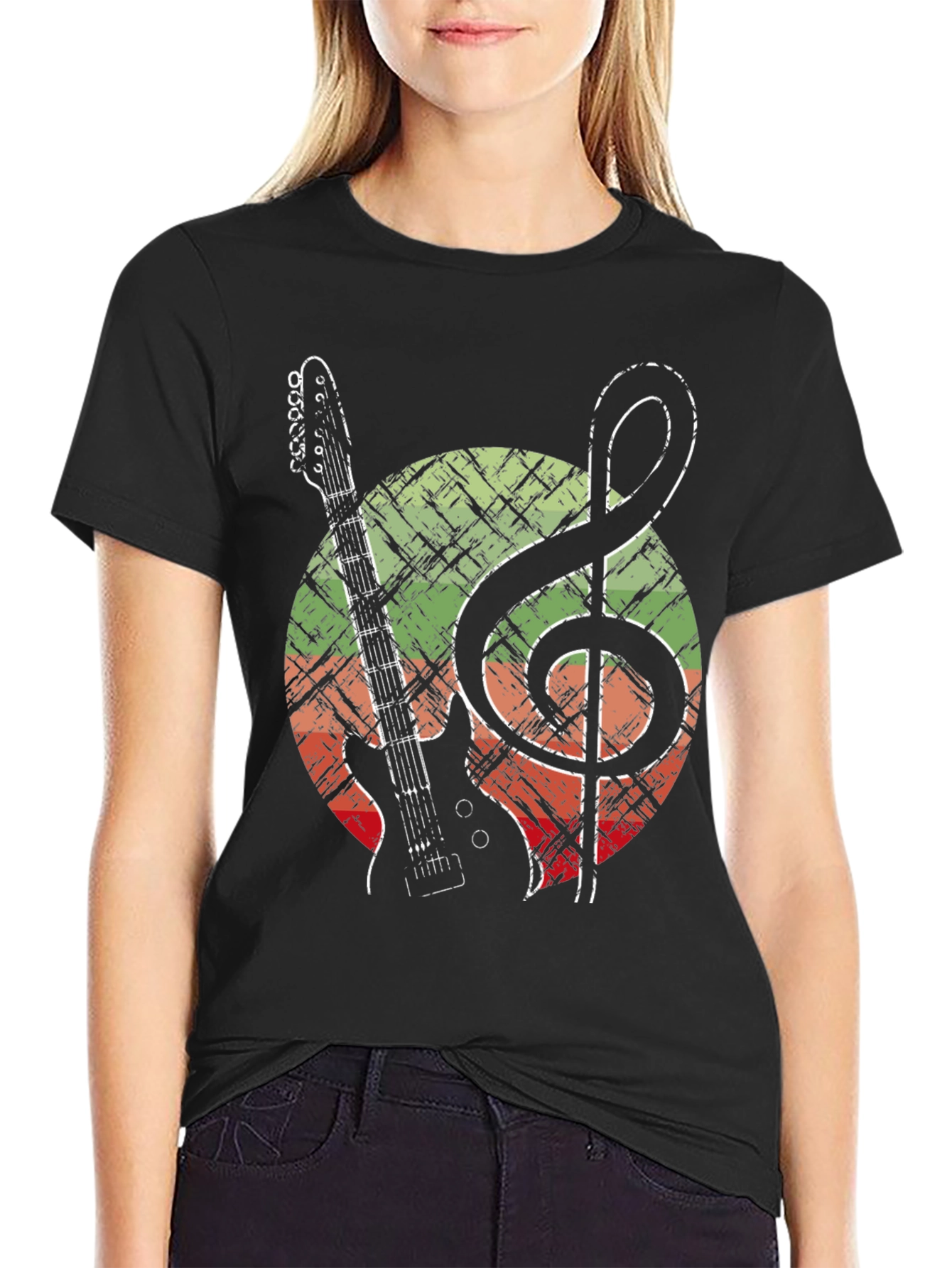 Black Guitar & Treble Clef Graphic Tee - Music Lover Shirt view 2