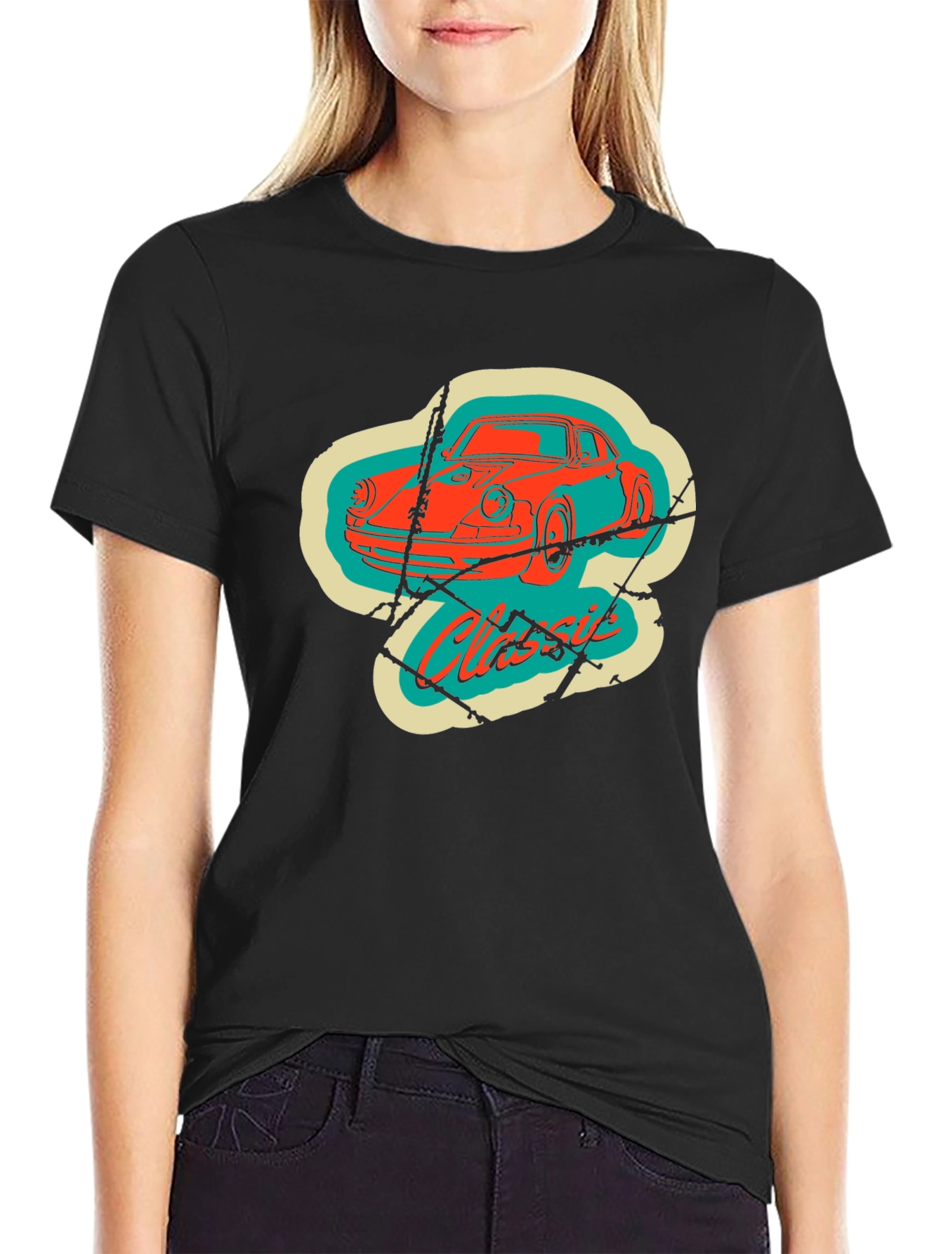 Black Classic Car Graphic Tee - Retro Style Black T-Shirt view 2