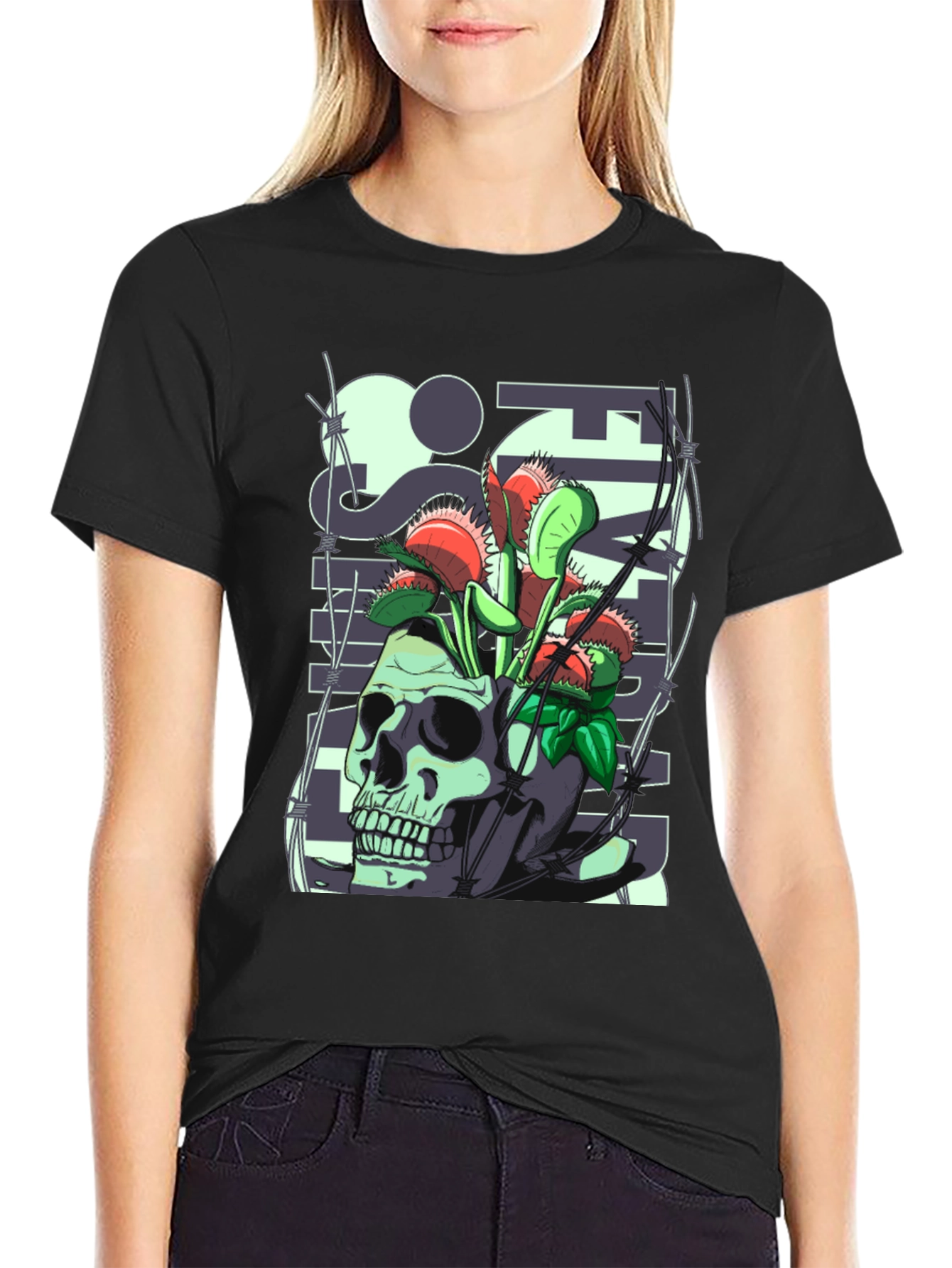 Black Skull & Venus Flytrap Graphic Tee - Unique Design view 2