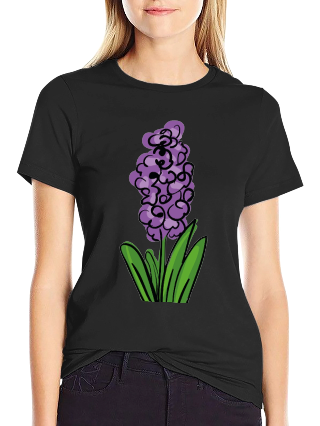 Black Floral Graphic Tee - Purple Hyacinth Design view 2