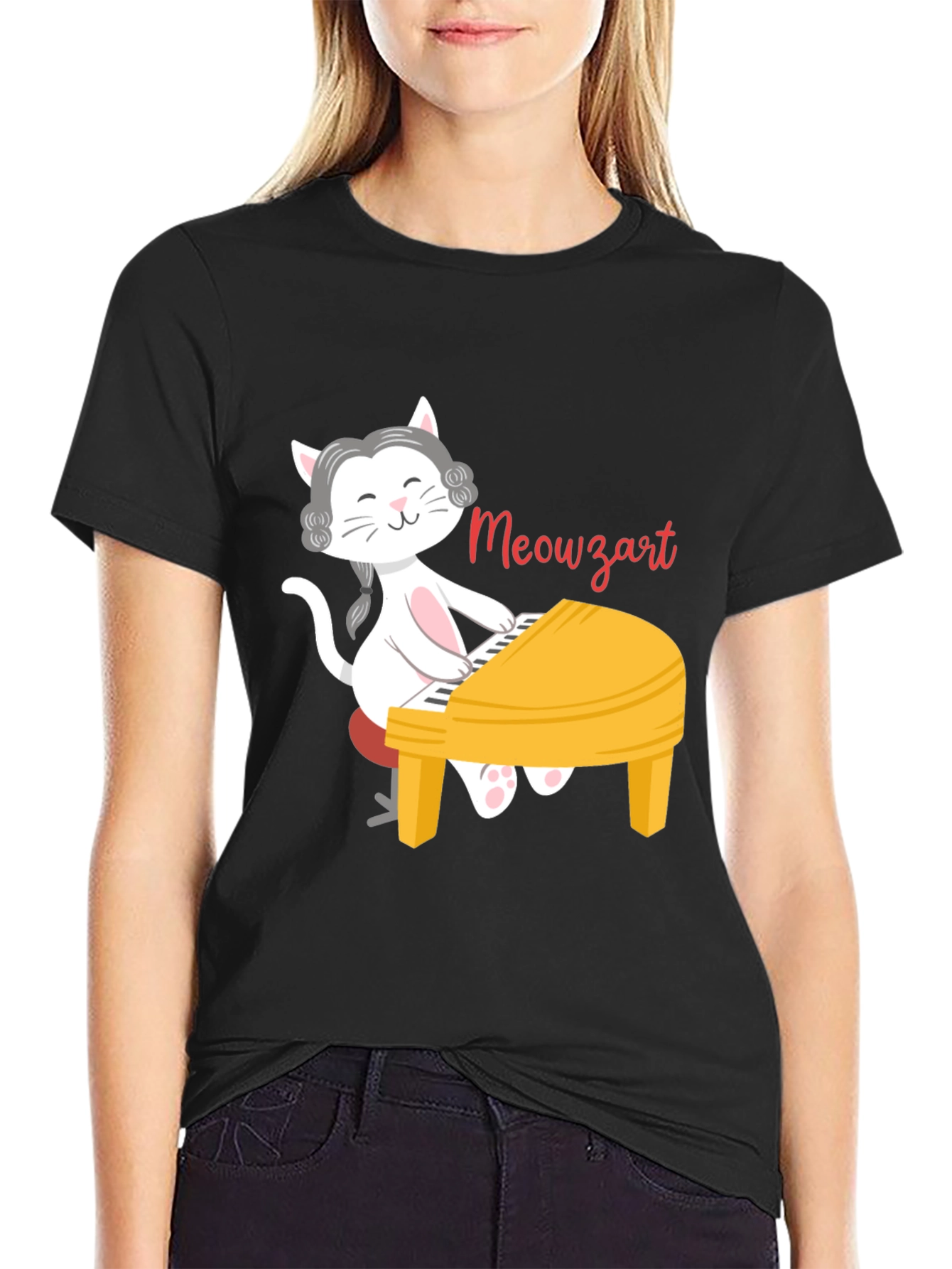 Black Meowzart Cat Playing Piano T-Shirt view 2