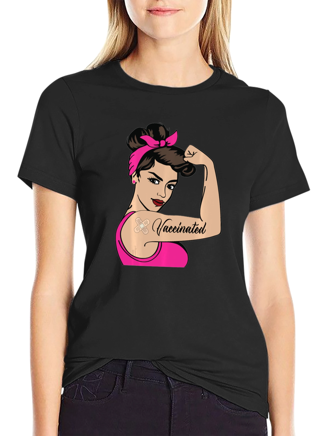 Black Vaccinated Woman T-Shirt - Black Crew Neck Tee view 2