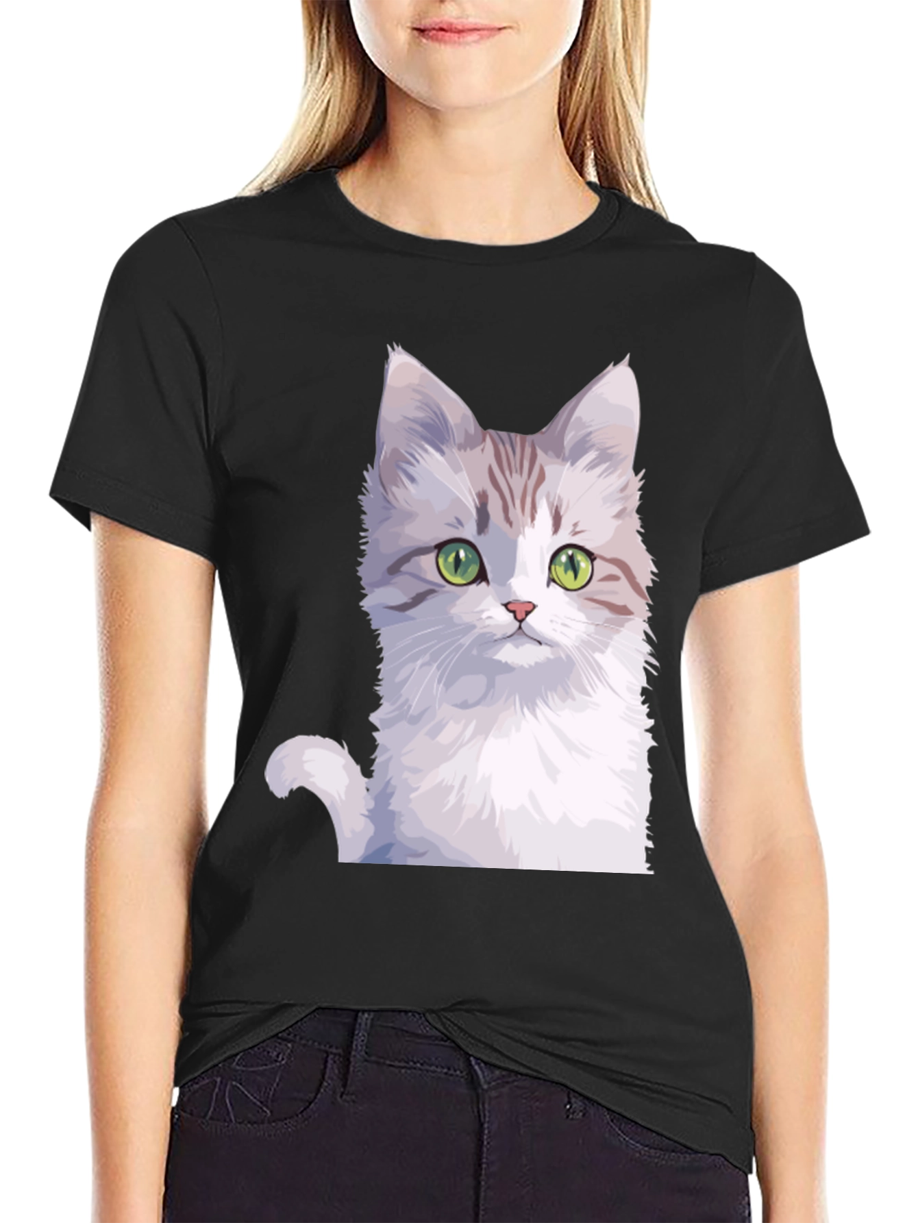 Black Cute Cat Graphic Tee - Black Cotton T-Shirt view 2