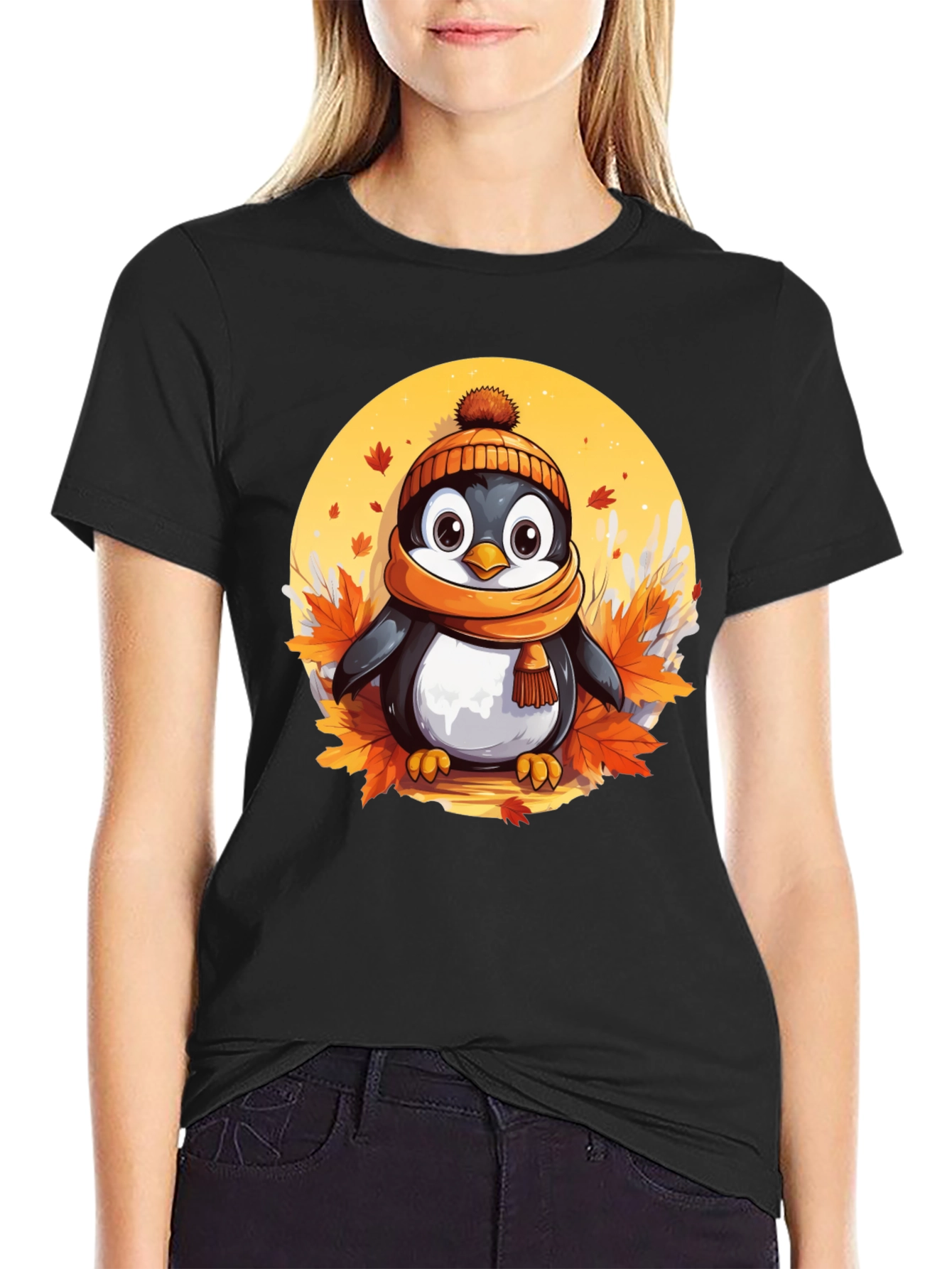 Black Cute Autumn Penguin Graphic Tee view 2