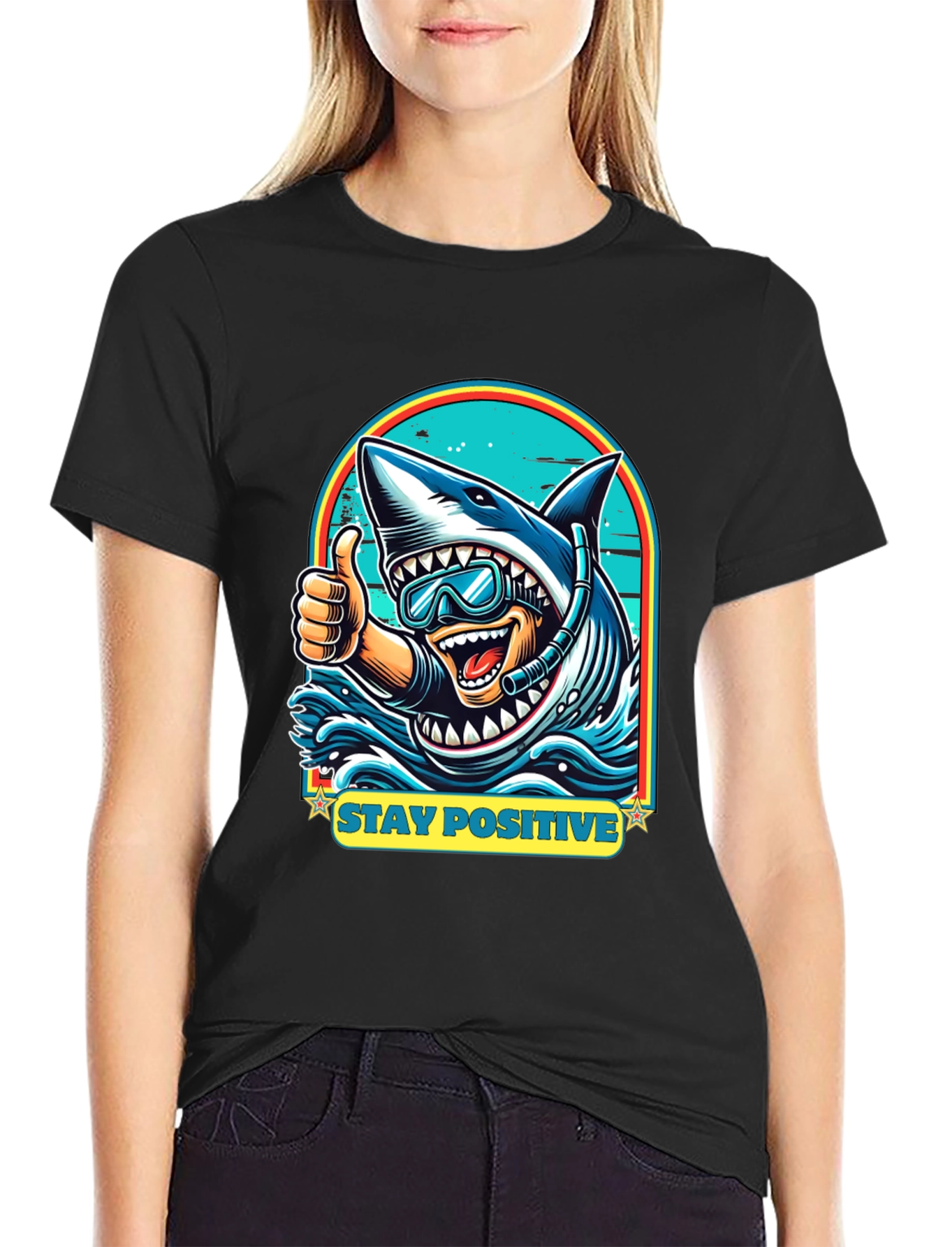 Black Stay Positive Shark Diver Graphic Tee - Black view 2