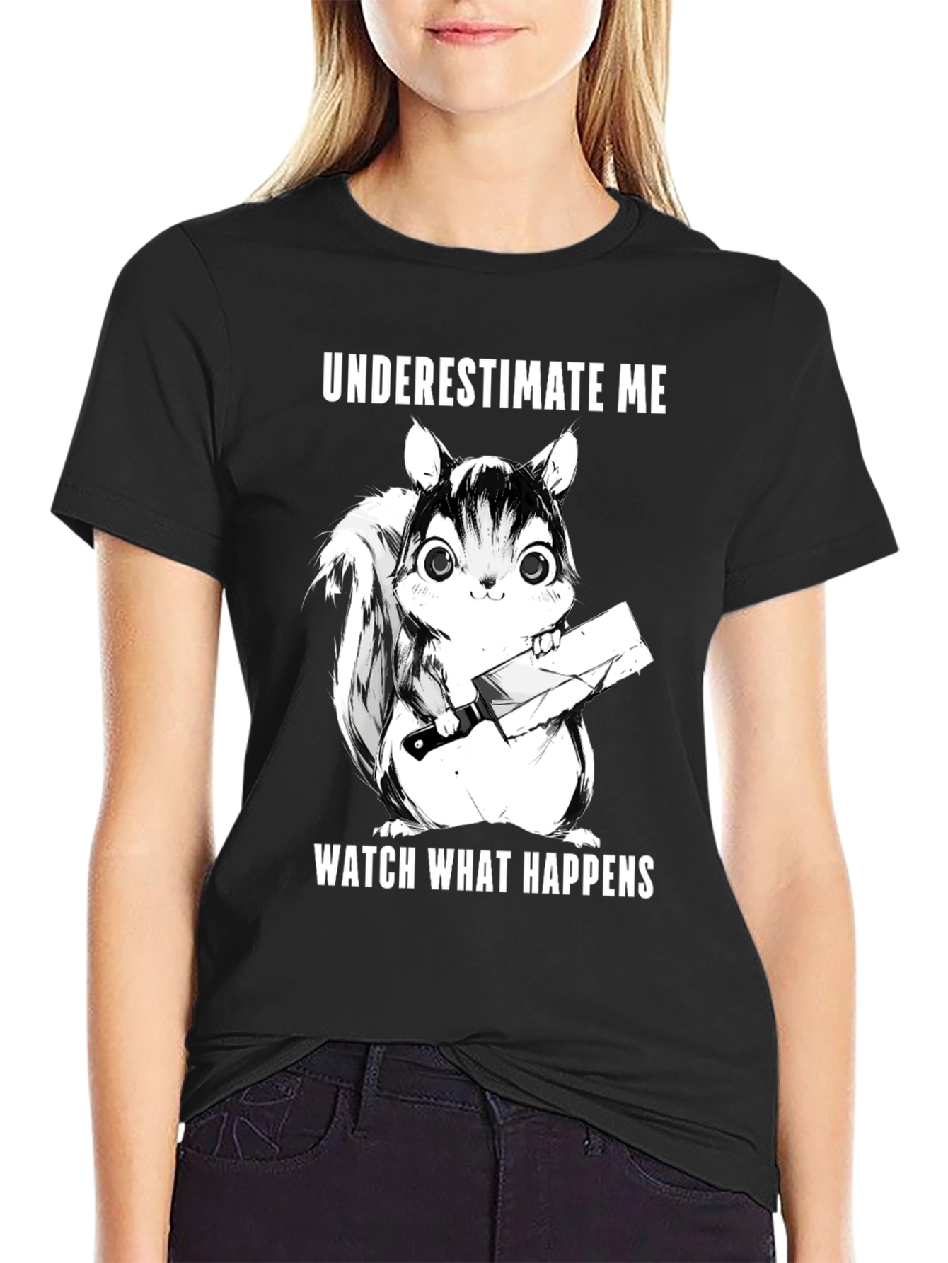 Black Underestimate Me Squirrel T-Shirt - Funny Graphic Tee view 2