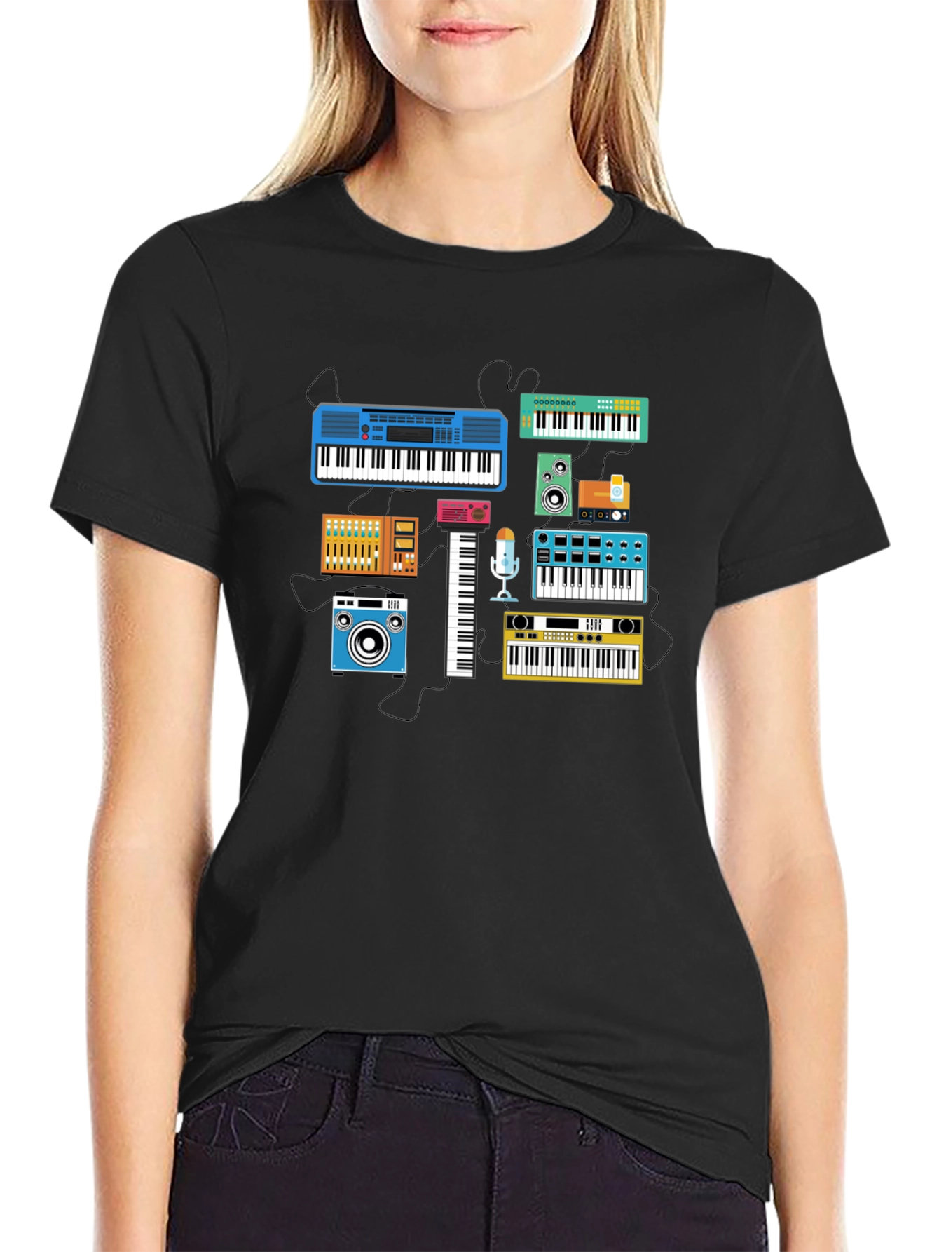 Black Retro Synth Music T-Shirt - Black Cotton Tee view 2