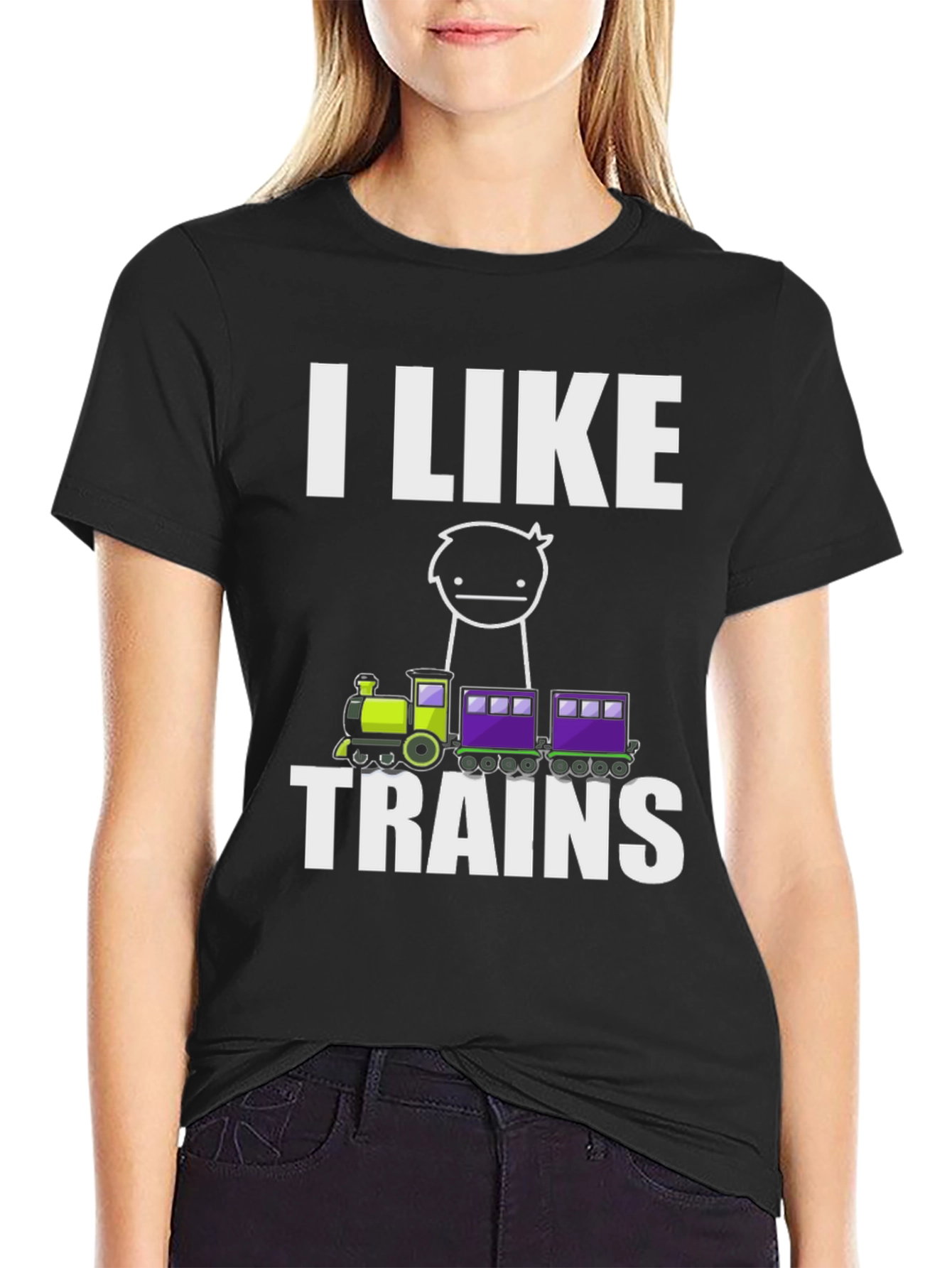 Black I Like Trains Funny Meme T-Shirt view 2