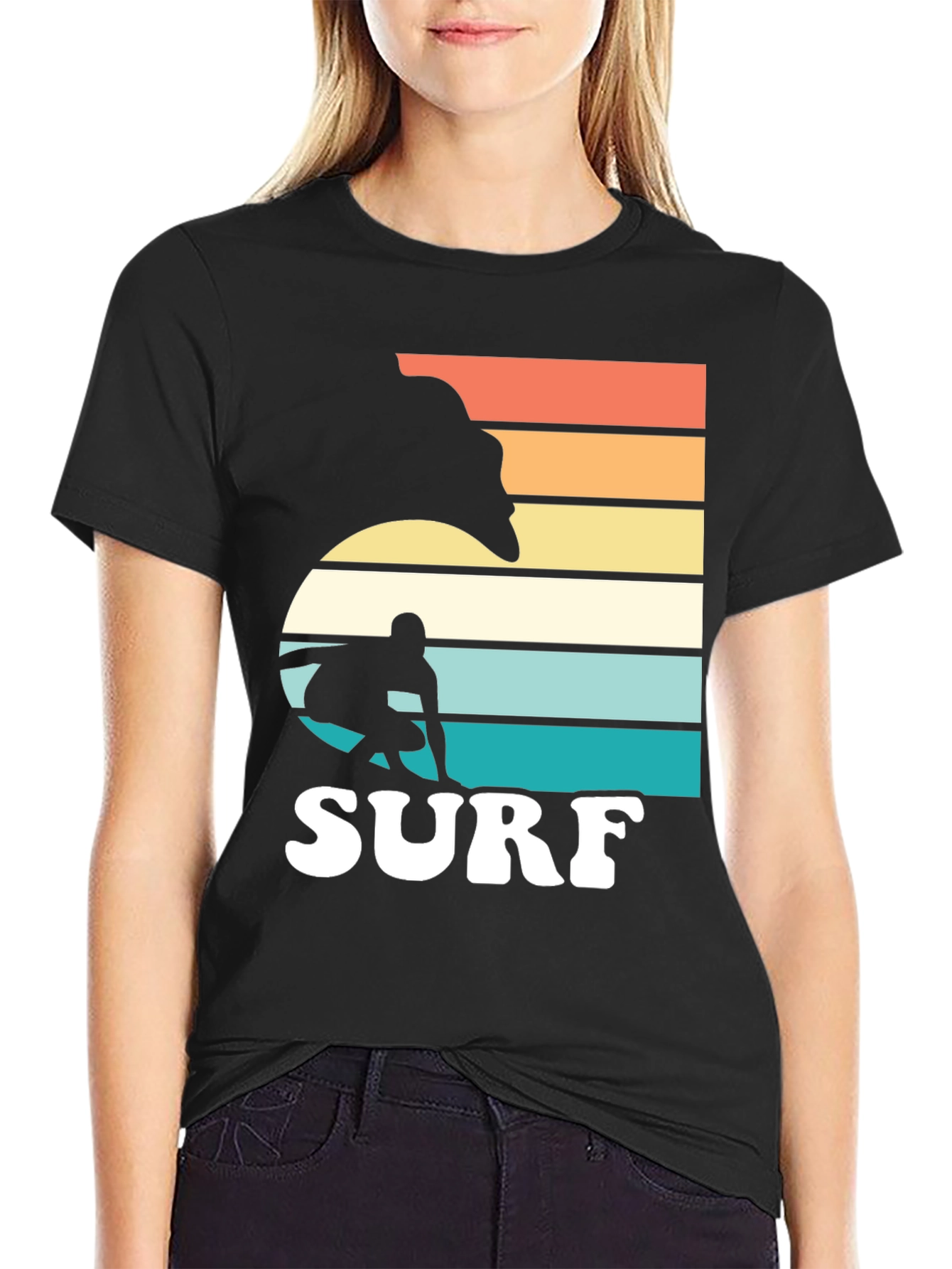 Black Retro Surf Graphic T-Shirt - Surfer Silhouette view 2