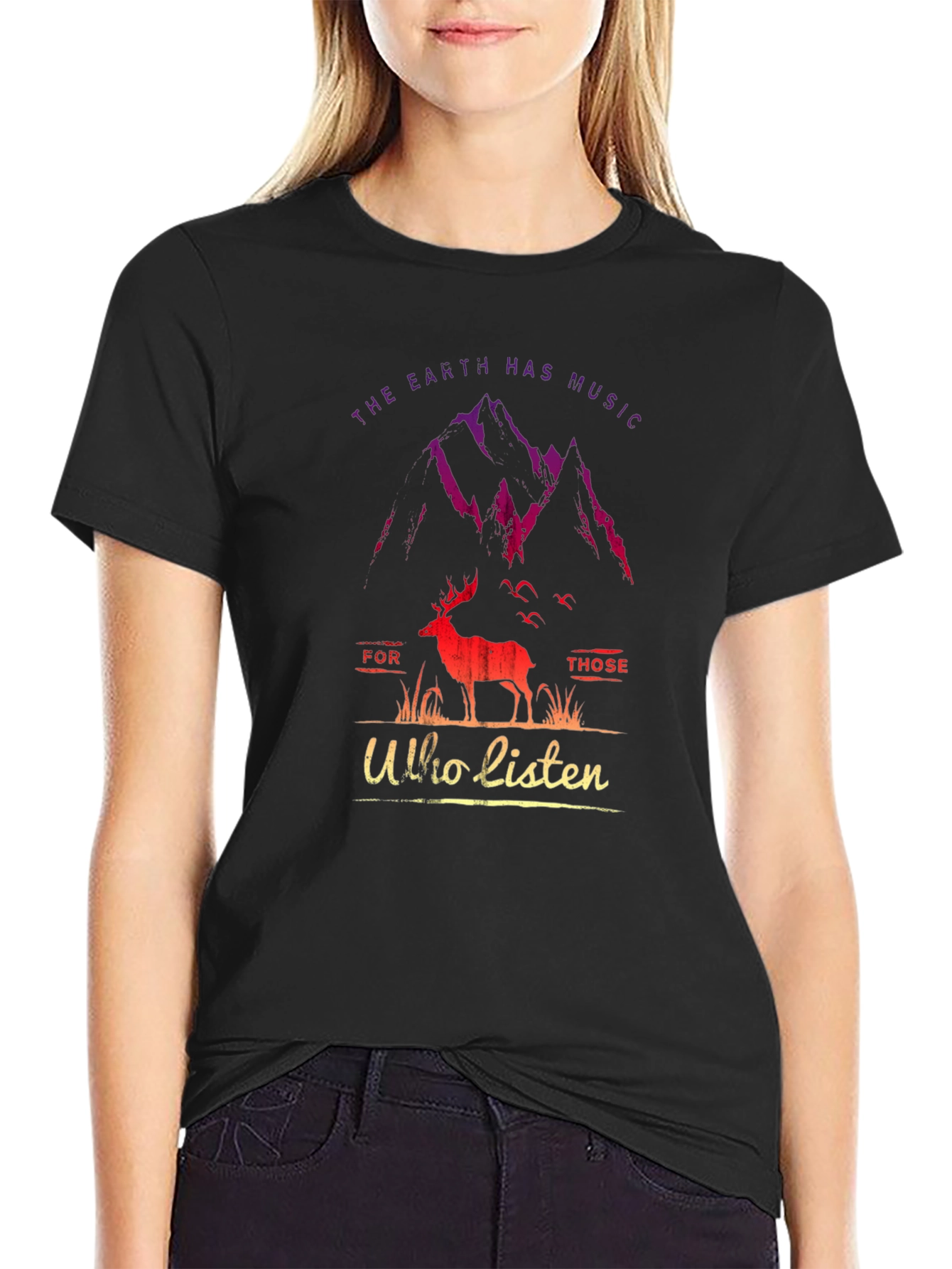 Black Earth Music Deer Graphic T-Shirt - Listen to Nature view 2