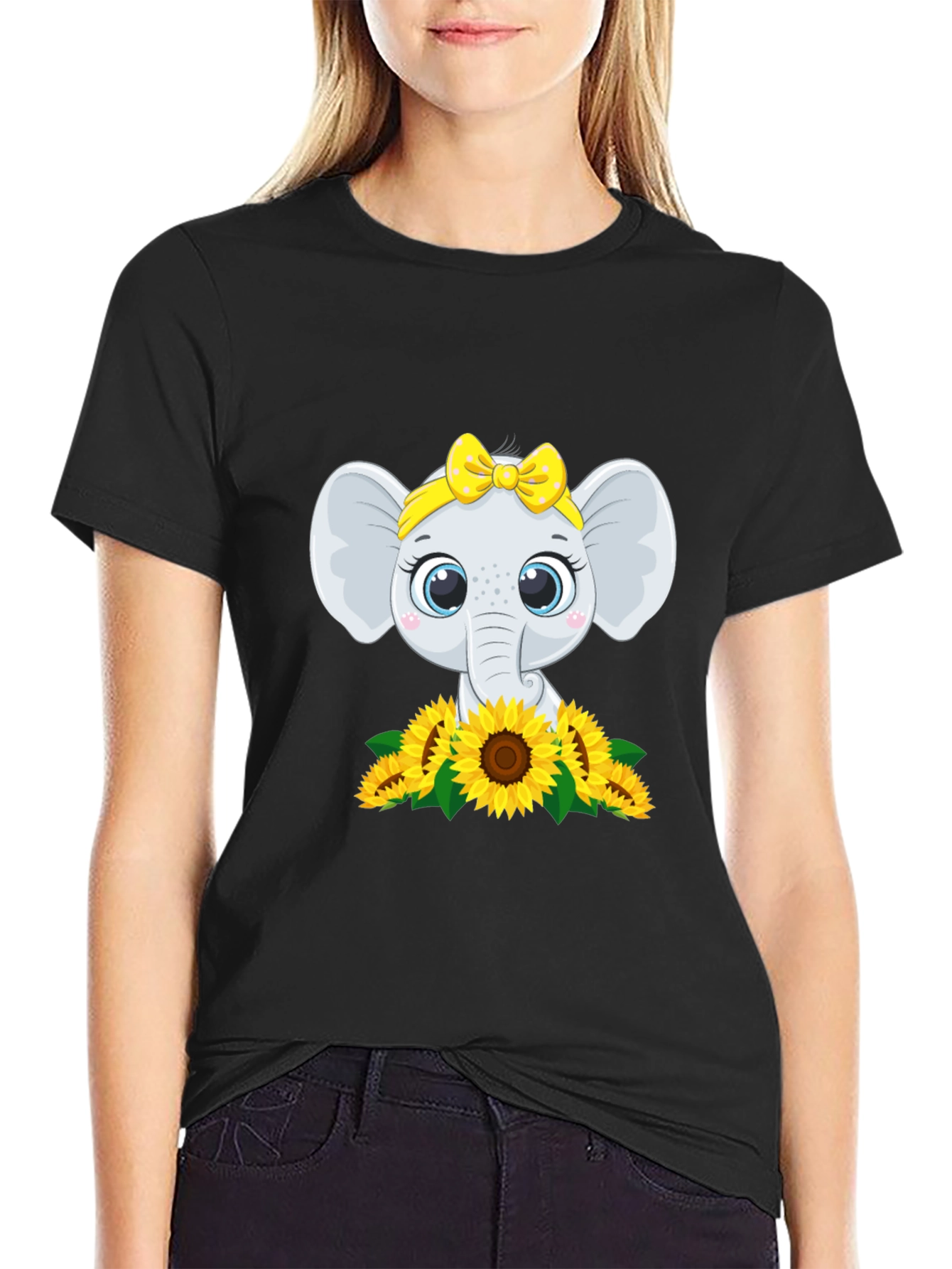 Black Cute Elephant Sunflower Graphic Tee view 2