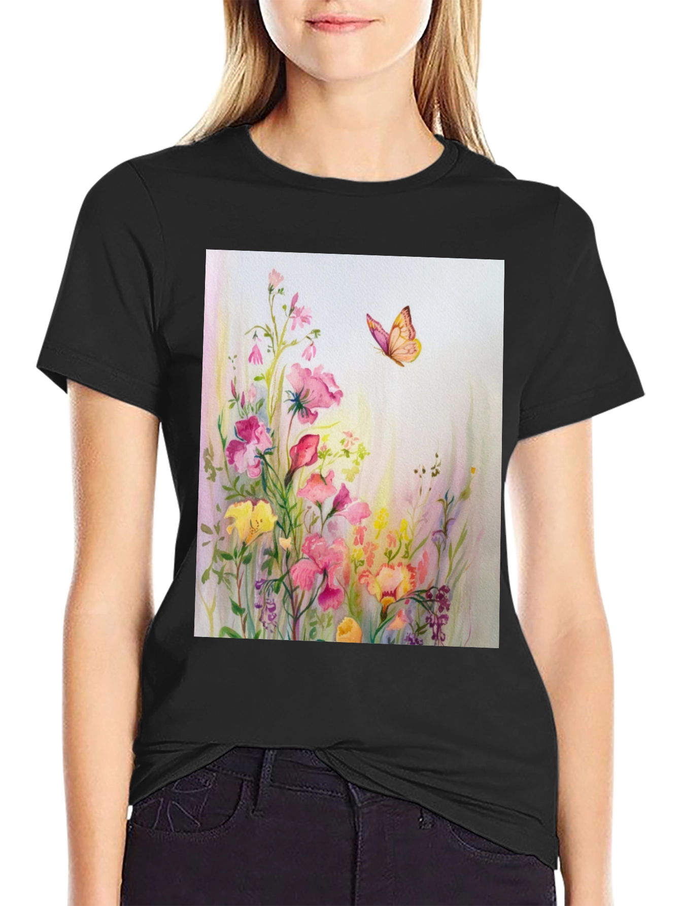 Black Floral Butterfly Print Black T-Shirt view 2