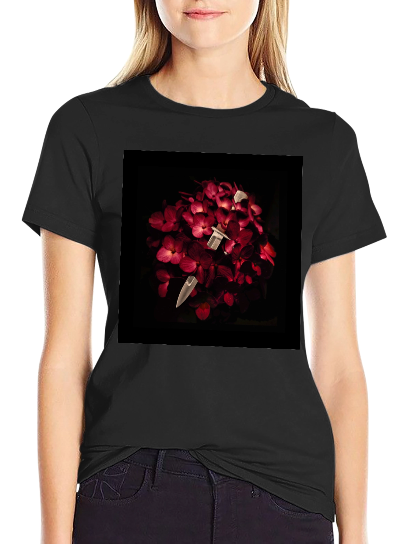 Black Floral Dagger Tee - Edgy & Unique Style view 2