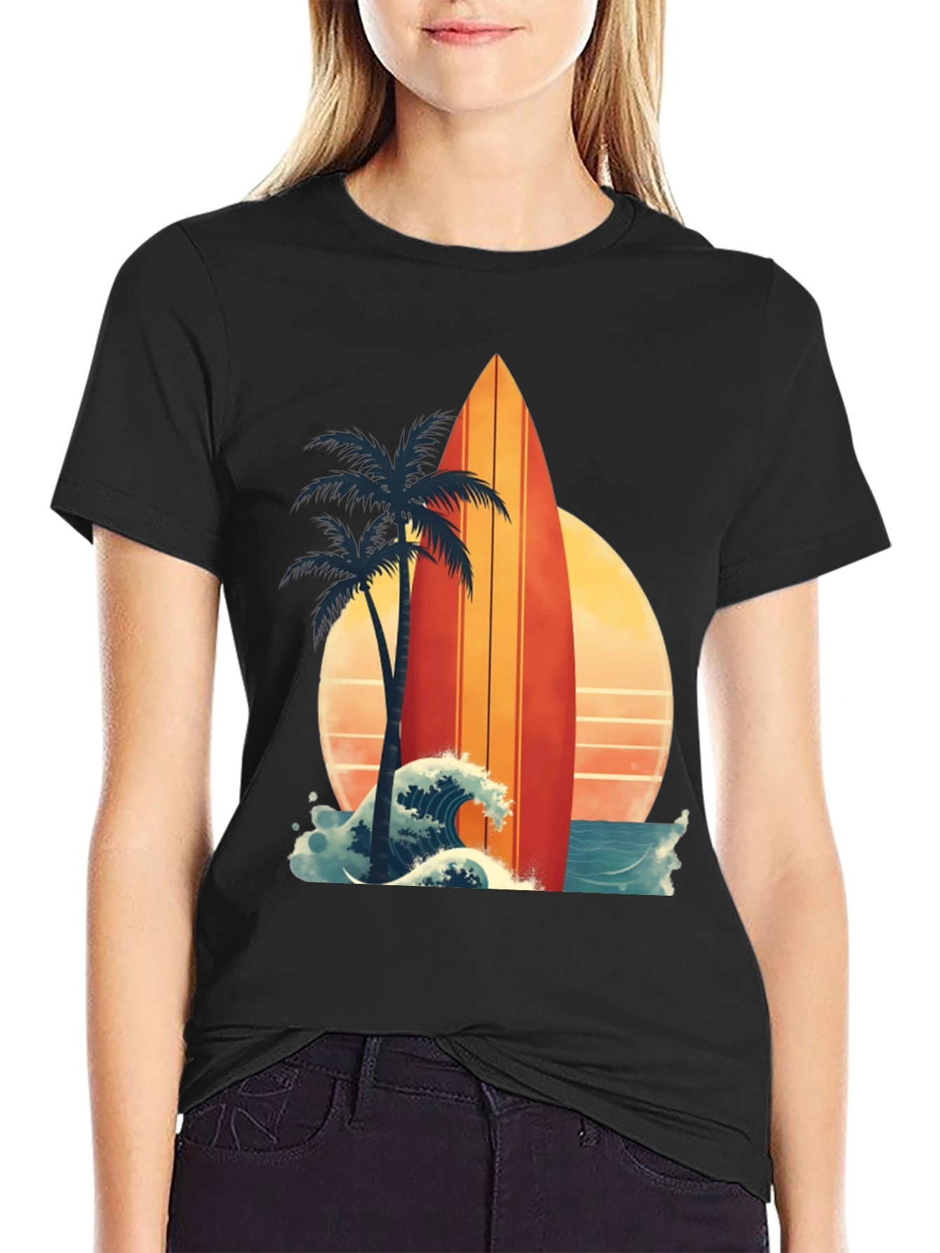 Black Retro Surfboard Palm Tee - Beach Vibes view 2