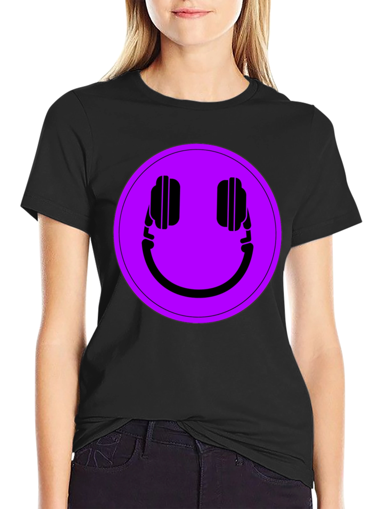 Black Headphone Smiley T-Shirt - Black Casual Tee view 2