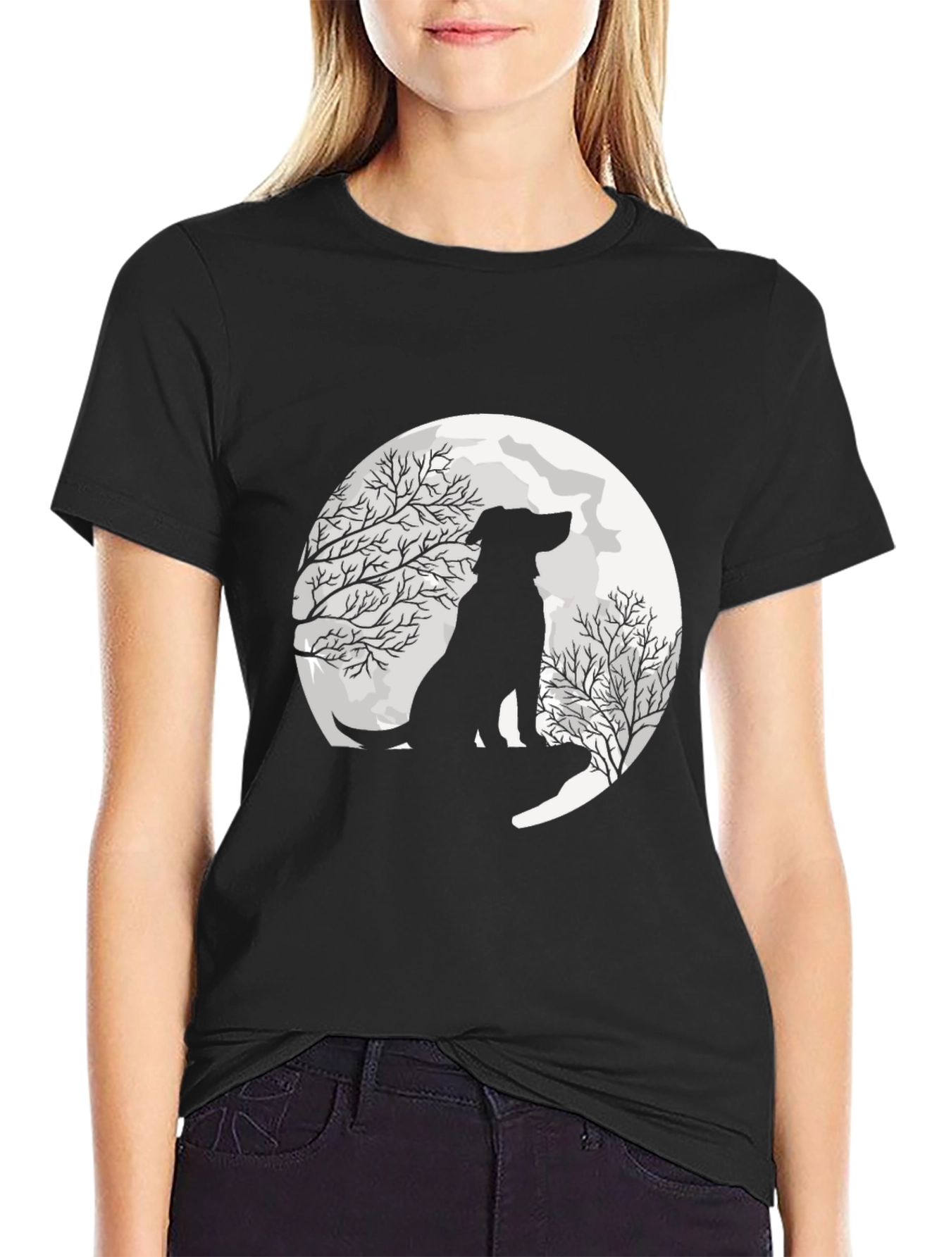 Black Moonlit Dog Silhouette Graphic Tee view 2