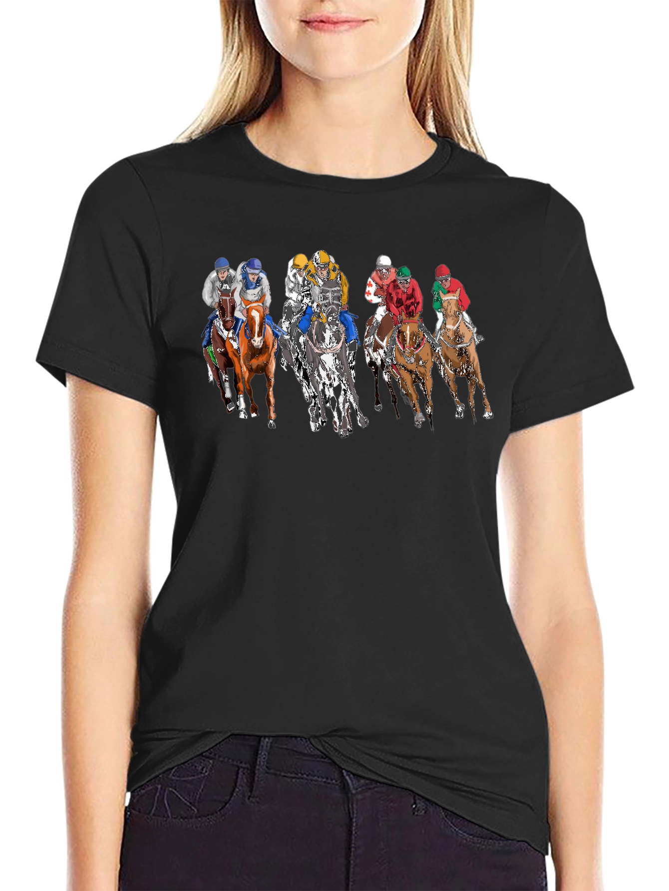 Black Horse Race Graphic Print Crew Neck T-Shirt view 2