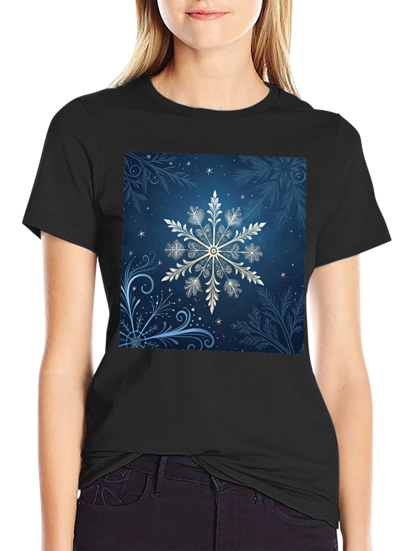 Black Snowflake Graphic Tee - Black Cotton Blend view 2
