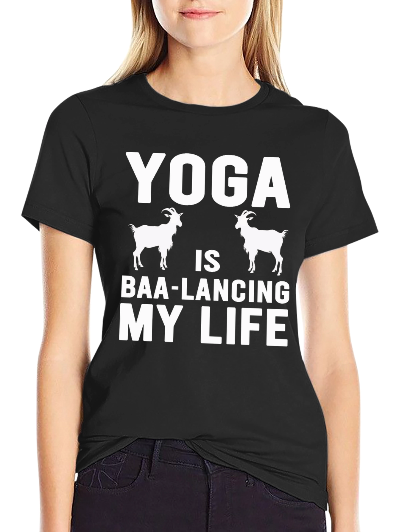 Black Yoga Goat T-Shirt - Baa-lancing My Life Tee view 2