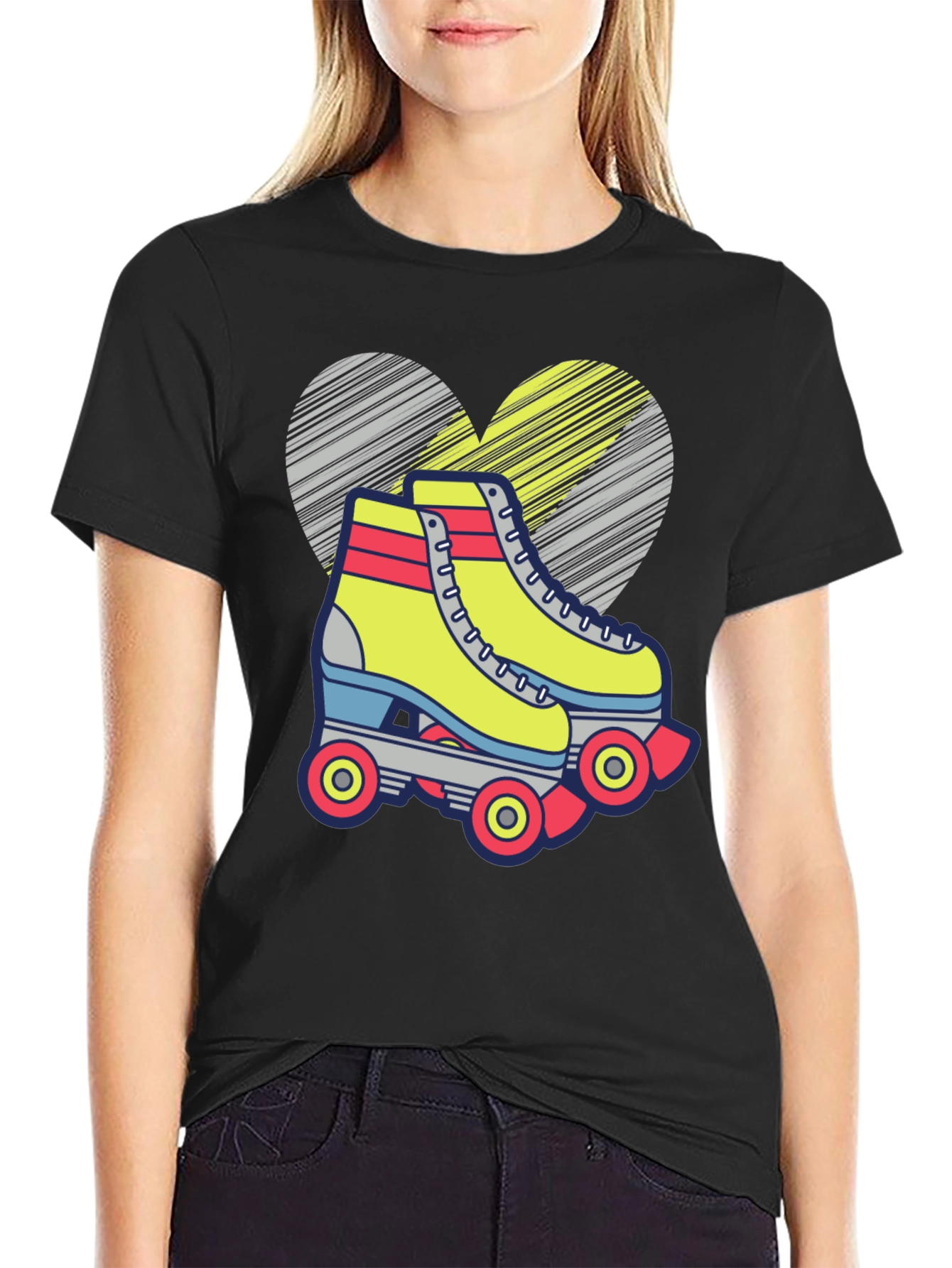 Black Retro Roller Skate T-Shirt - Fun Heart Design view 2
