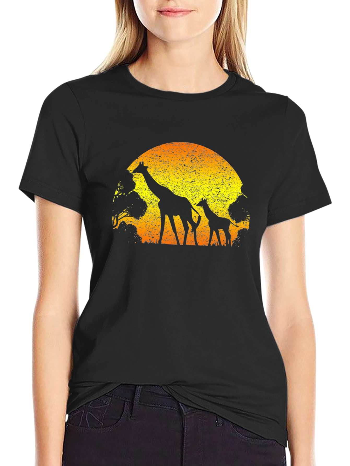 Black Giraffe Sunset Graphic Tee - Black Cotton T-Shirt view 2