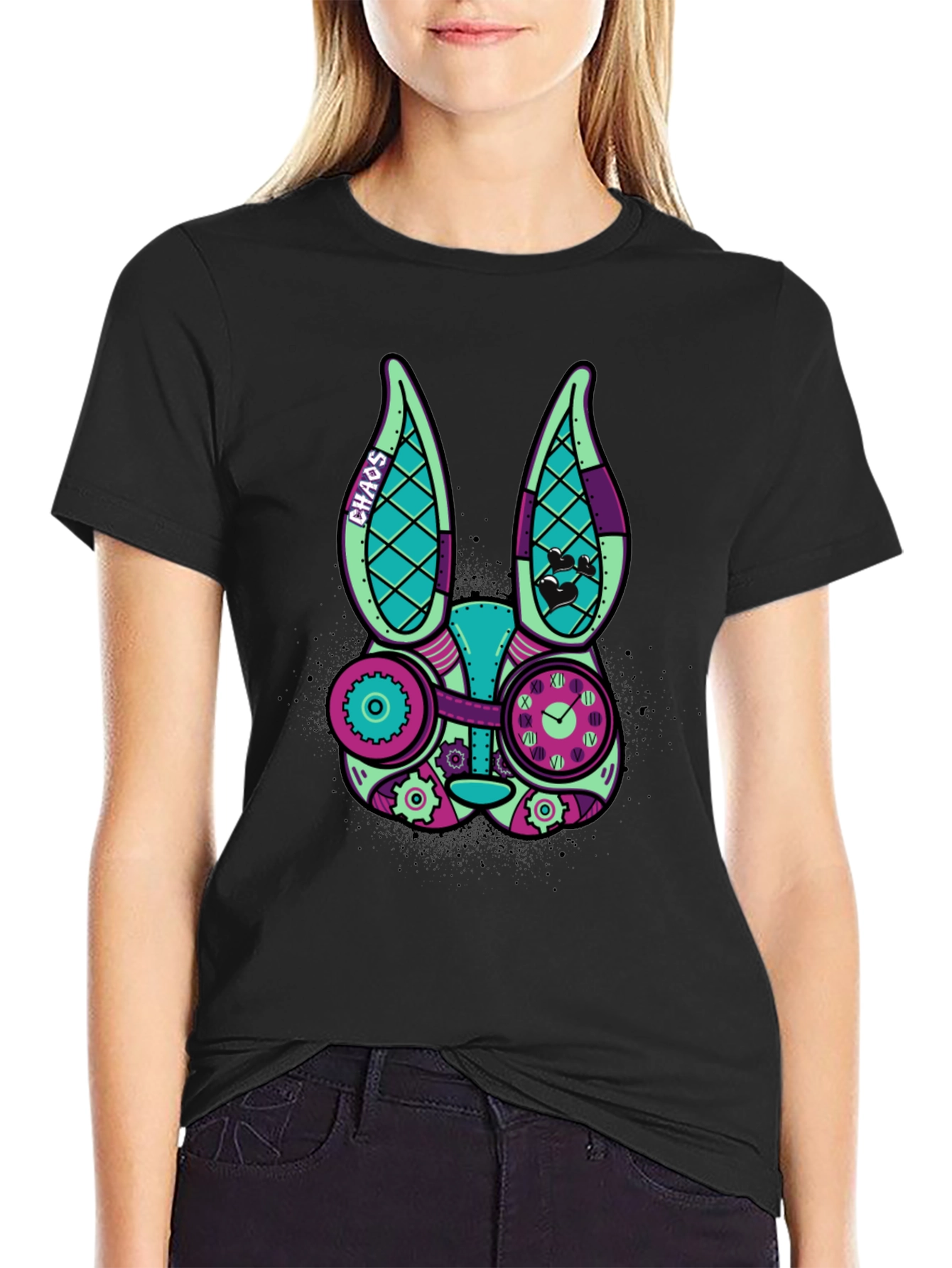 Black Steampunk Rabbit Graphic T-Shirt view 2