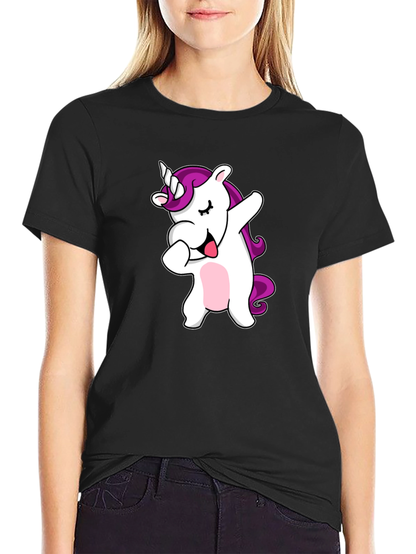 Black Dabbing Unicorn Graphic Tee - Black Cotton T-Shirt view 2