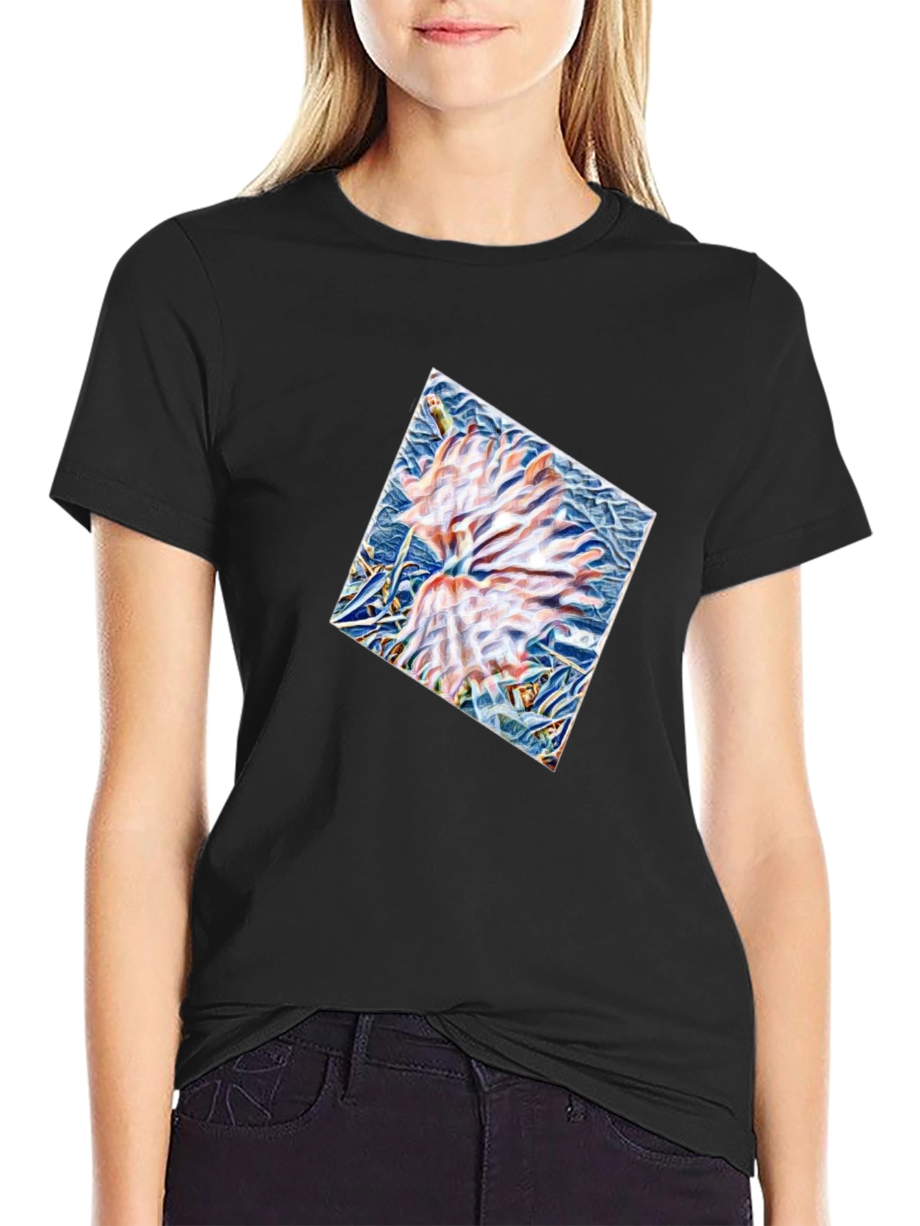 Black Abstract Floral Print Black T-Shirt view 2