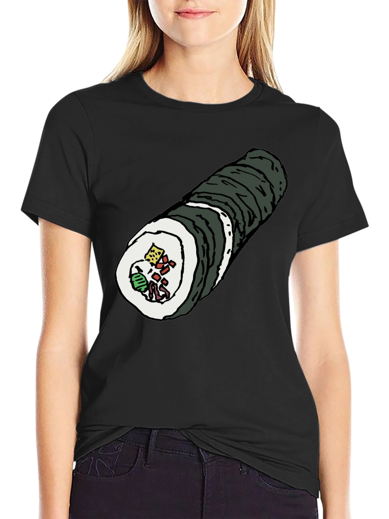 Black Sushi Roll Graphic Tee - Black Cotton T-Shirt view 2