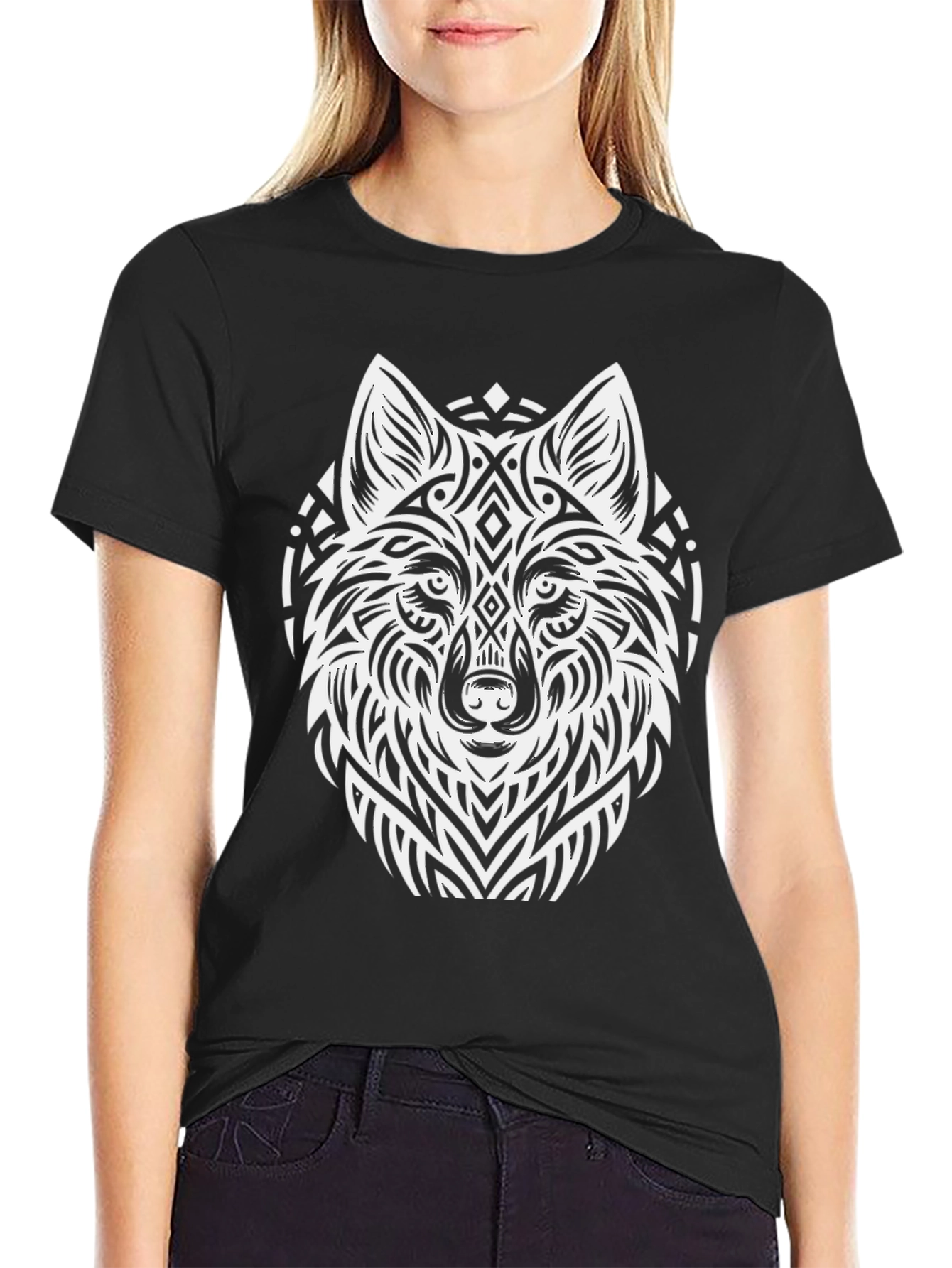 Black Tribal Wolf Graphic T-Shirt - Black view 2