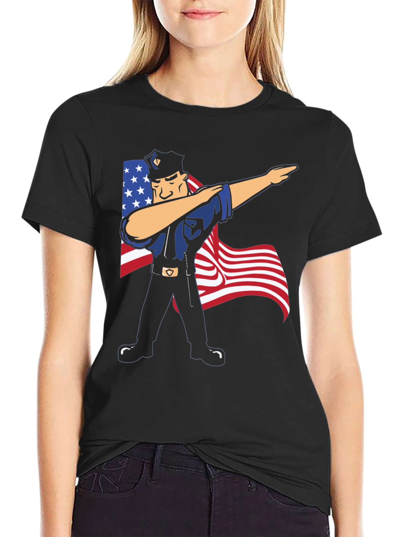 Black Police Officer Dabbing USA Flag Patriotic T-Shirt view 2