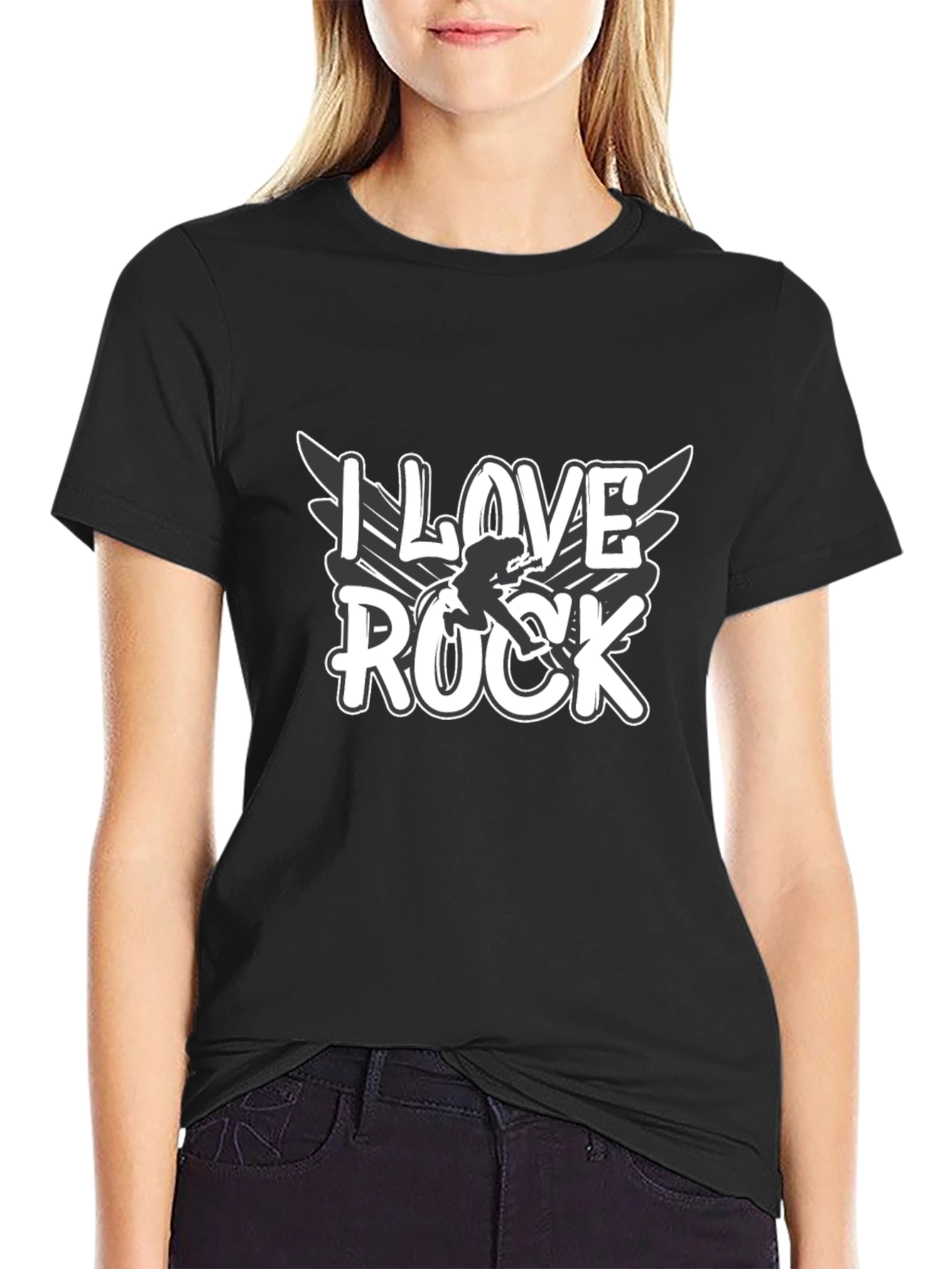 Black I Love Rock Graphic Tee - Black Cotton Blend view 2