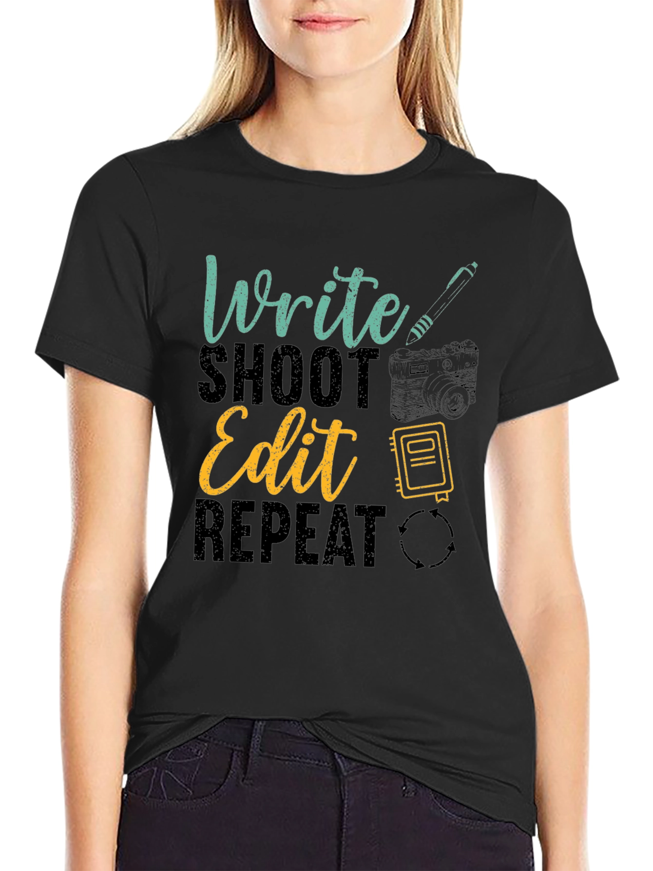 Black Write Shoot Edit Repeat Graphic T-Shirt view 2