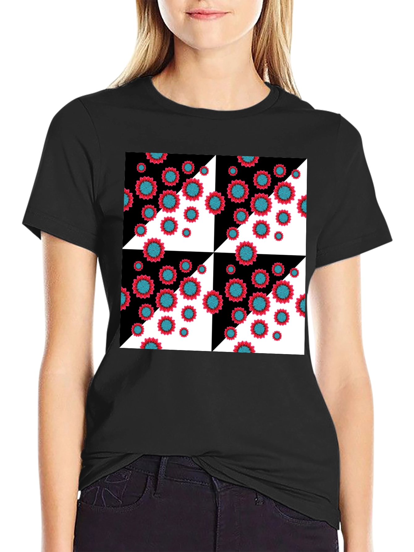 Black Floral Pattern Black T-Shirt view 2