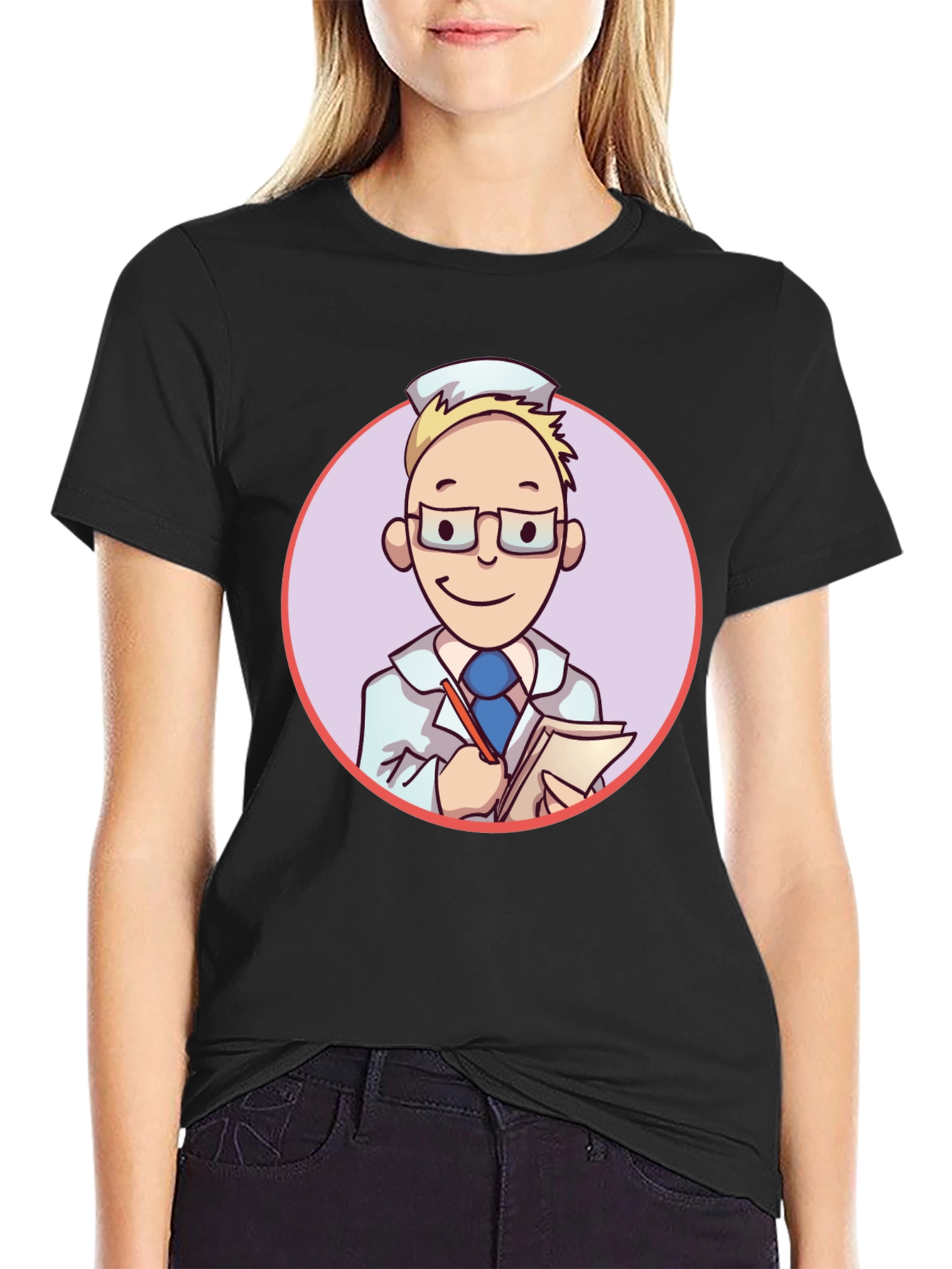 Black Cartoon Doctor Graphic Tee - Unisex Black T-Shirt view 2
