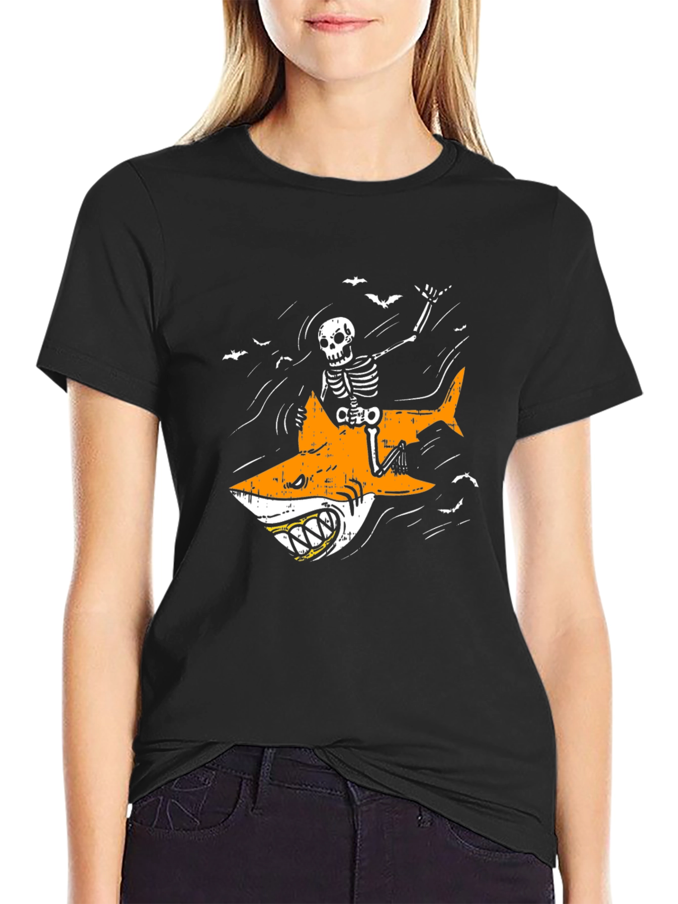Black Skeleton Riding Shark Graphic Tee - Halloween Shirt view 2