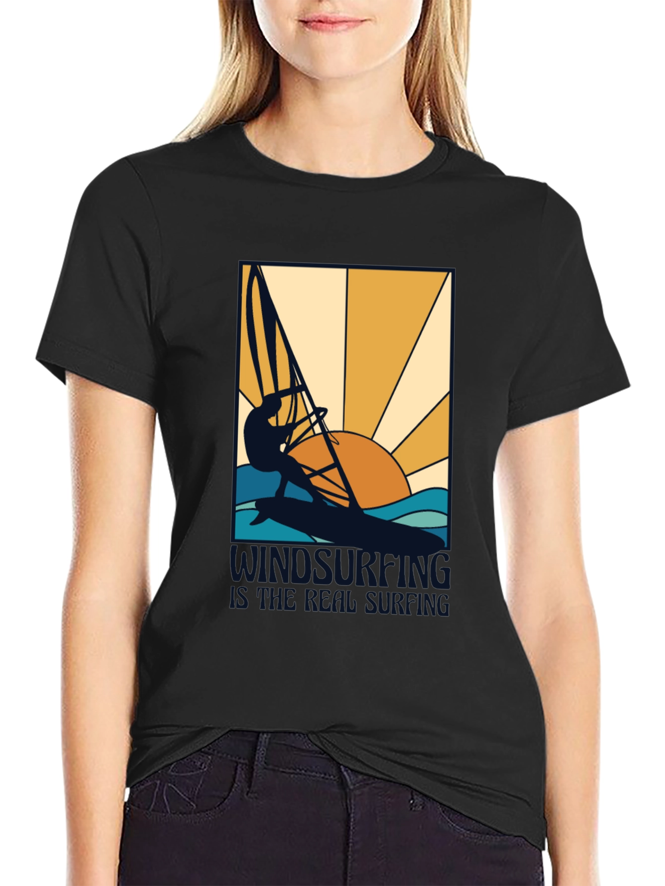 Black Windsurfing is Real Surfing Graphic T-Shirt view 2